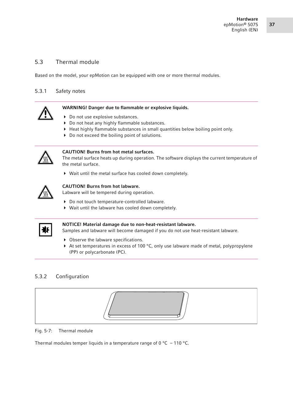 3 thermal module, 1 safety notes, 2 configuration | Thermal module 5.3.1, Safety notes, Configuration | Eppendorf epMotion 5075 User Manual | Page 37 / 130