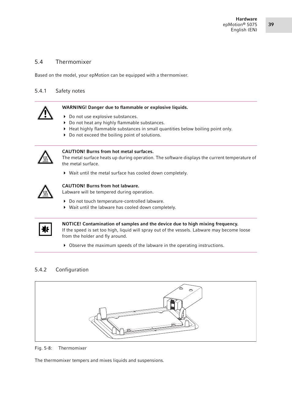 4 thermomixer, 1 safety notes, 2 configuration | Thermomixer 5.4.1, Safety notes, Configuration | Eppendorf epMotion 5075 User Manual | Page 39 / 130