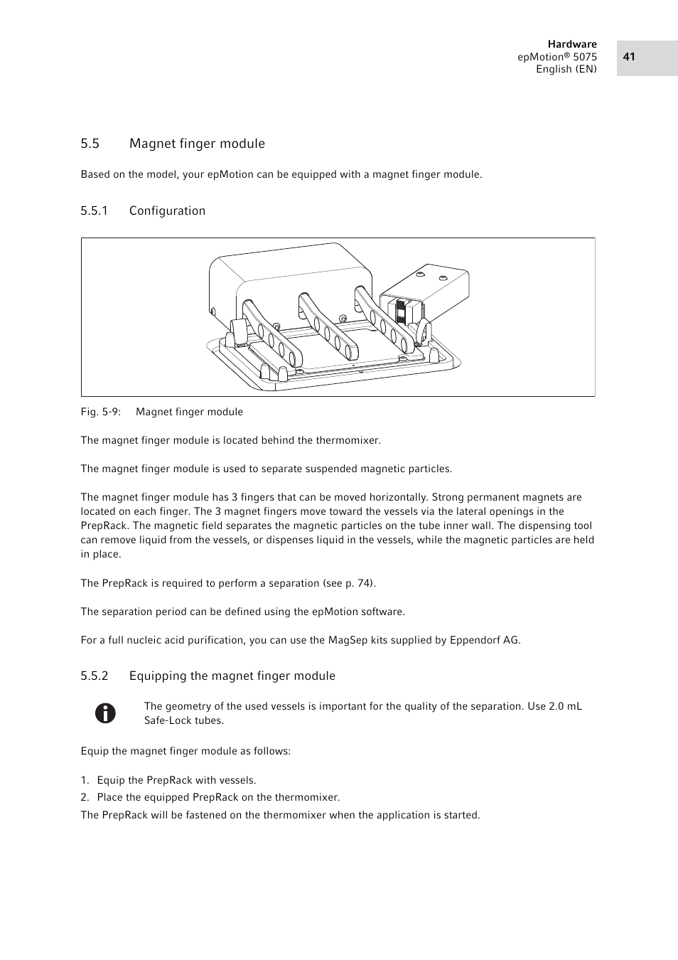 5 magnet finger module, 1 configuration, 2 equipping the magnet finger module | Magnet finger module 5.5.1, Configuration, Equipping the magnet finger module | Eppendorf epMotion 5075 User Manual | Page 41 / 130