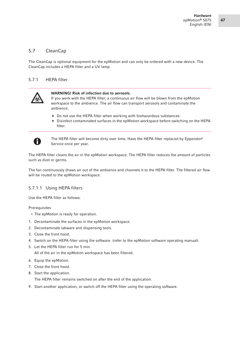 7 cleancap, 1 hepa filter, Cleancap 5.7.1 | Hepa filter | Eppendorf epMotion 5075 User Manual | Page 47 / 130