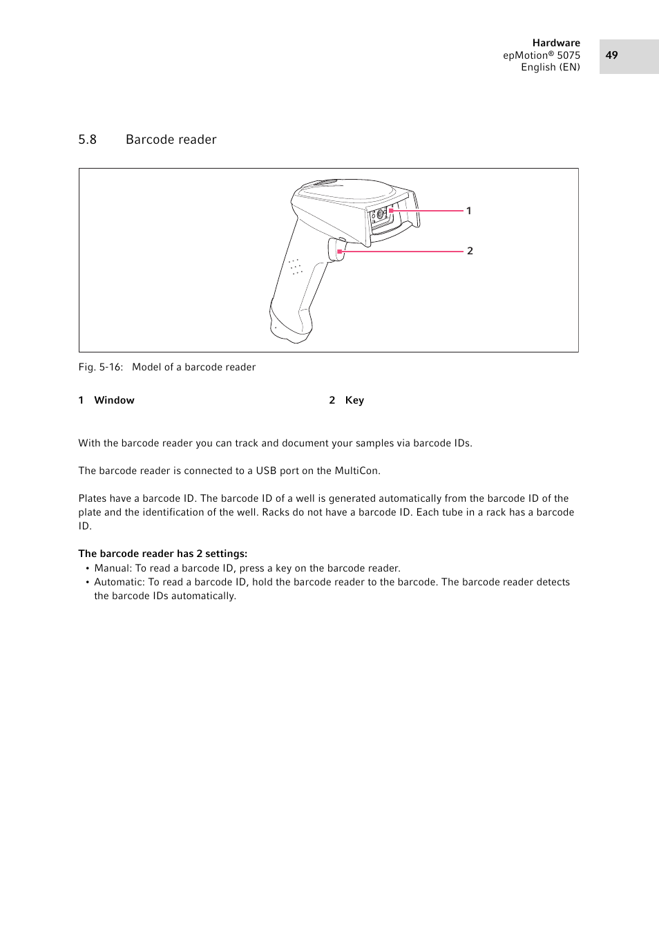 8 barcode reader, Barcode reader | Eppendorf epMotion 5075 User Manual | Page 49 / 130