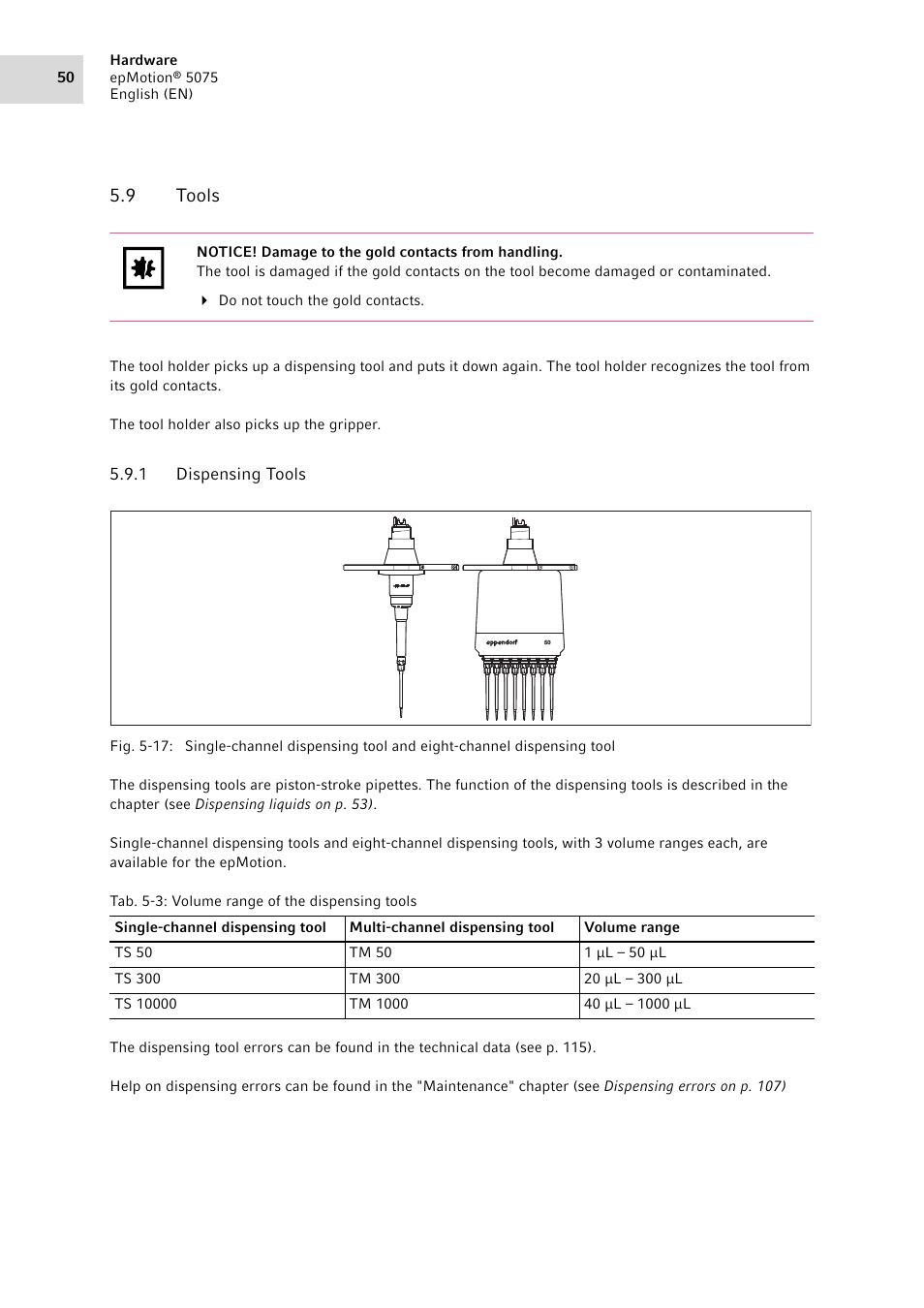 9 tools, 1 dispensing tools, Tools 5.9.1 | Dispensing tools | Eppendorf epMotion 5075 User Manual | Page 50 / 130