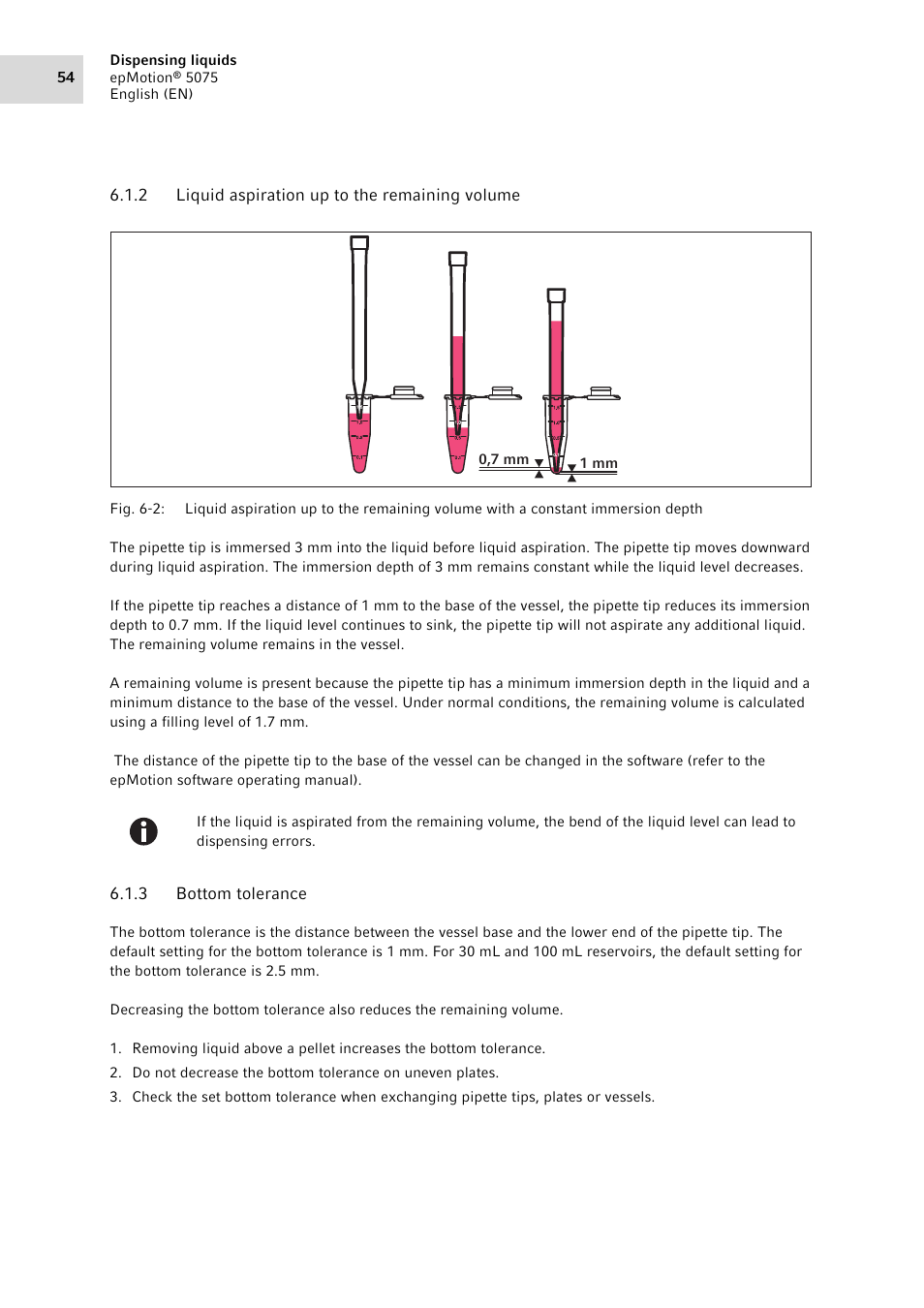 2 liquid aspiration up to the remaining volume, 3 bottom tolerance, Liquid aspiration up to the remaining volume | Bottom tolerance | Eppendorf epMotion 5075 User Manual | Page 54 / 130