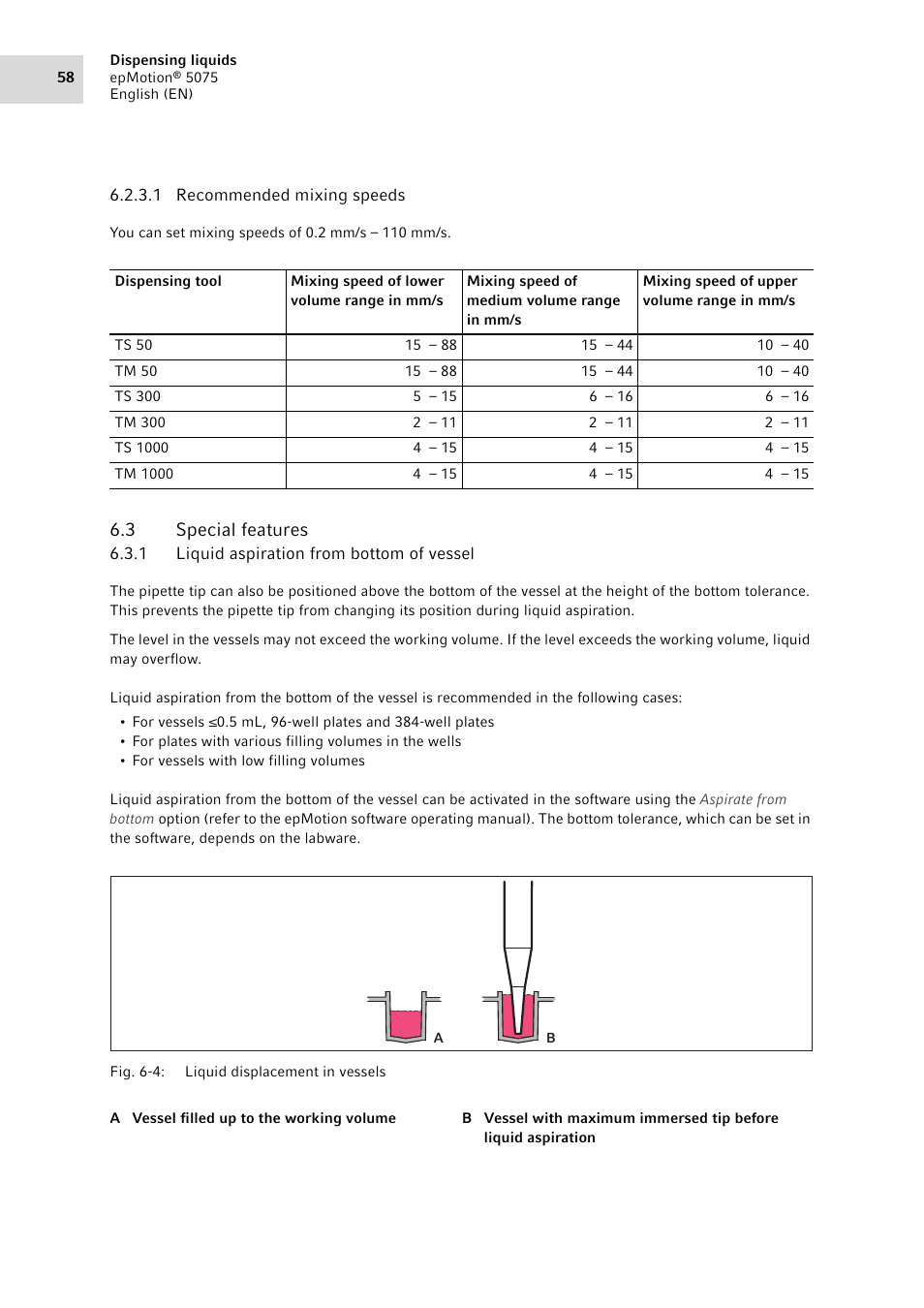 3 special features, 1 liquid aspiration from bottom of vessel, Special features 6.3.1 | Liquid aspiration from bottom of vessel | Eppendorf epMotion 5075 User Manual | Page 58 / 130