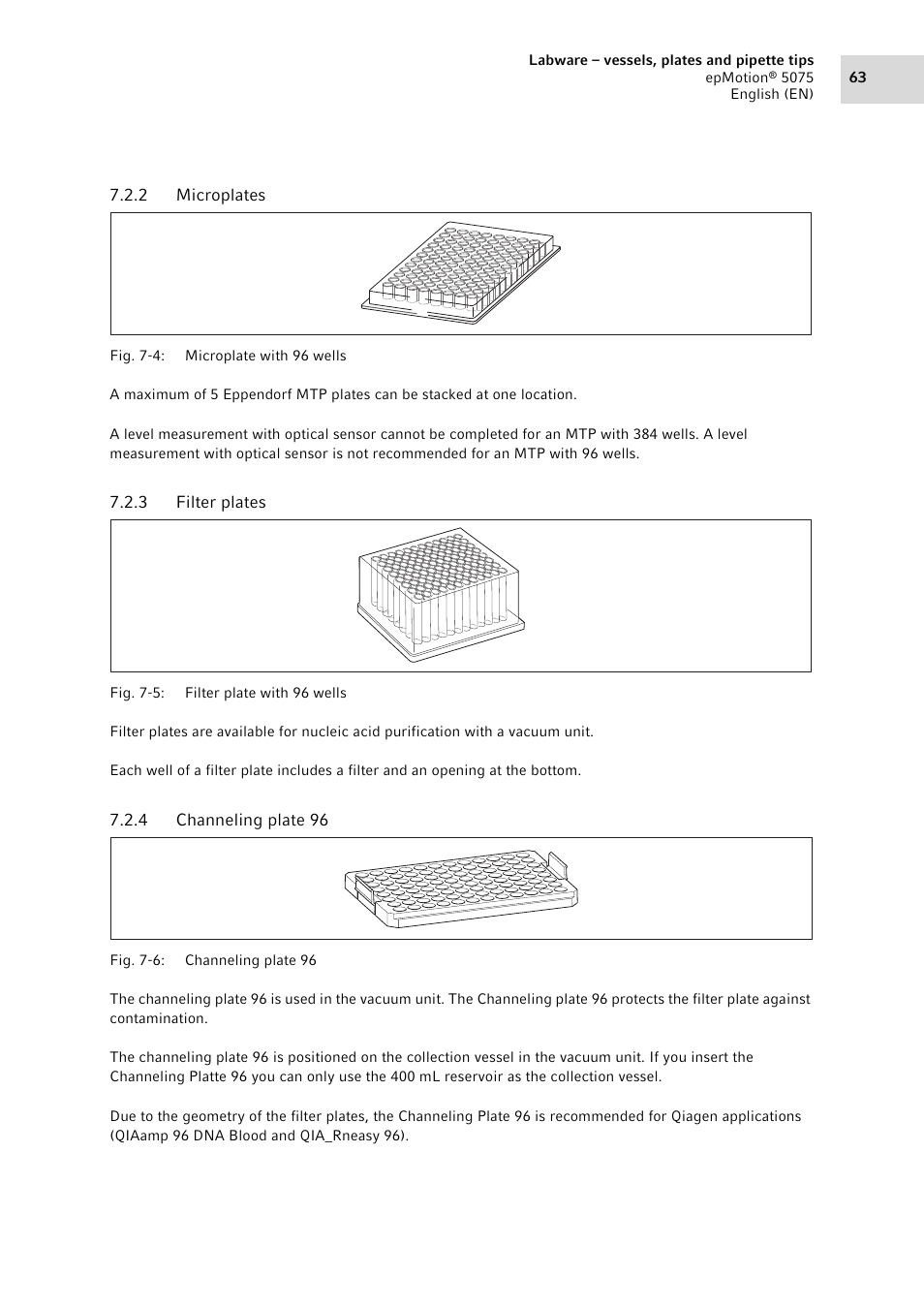 2 microplates, 3 filter plates, 4 channeling plate 96 | Microplates, Filter plates, Channeling plate 96 | Eppendorf epMotion 5075 User Manual | Page 63 / 130