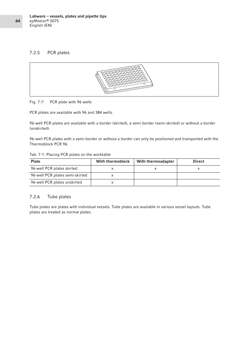 5 pcr plates, 6 tube plates, Pcr plates | Tube plates | Eppendorf epMotion 5075 User Manual | Page 64 / 130