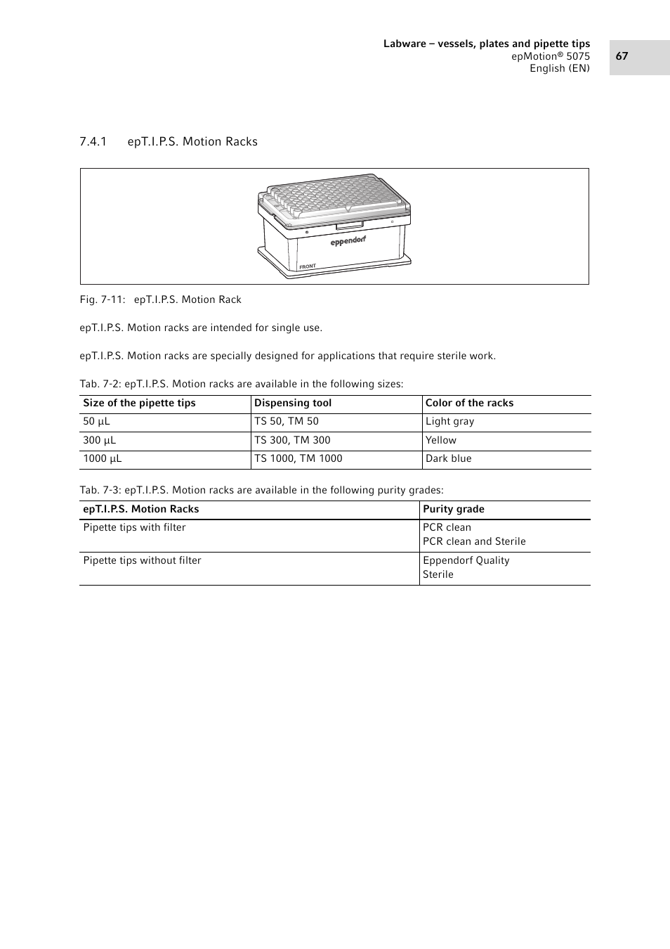 1 ept.i.p.s. motion racks, Ept.i.p.s. motion racks | Eppendorf epMotion 5075 User Manual | Page 67 / 130