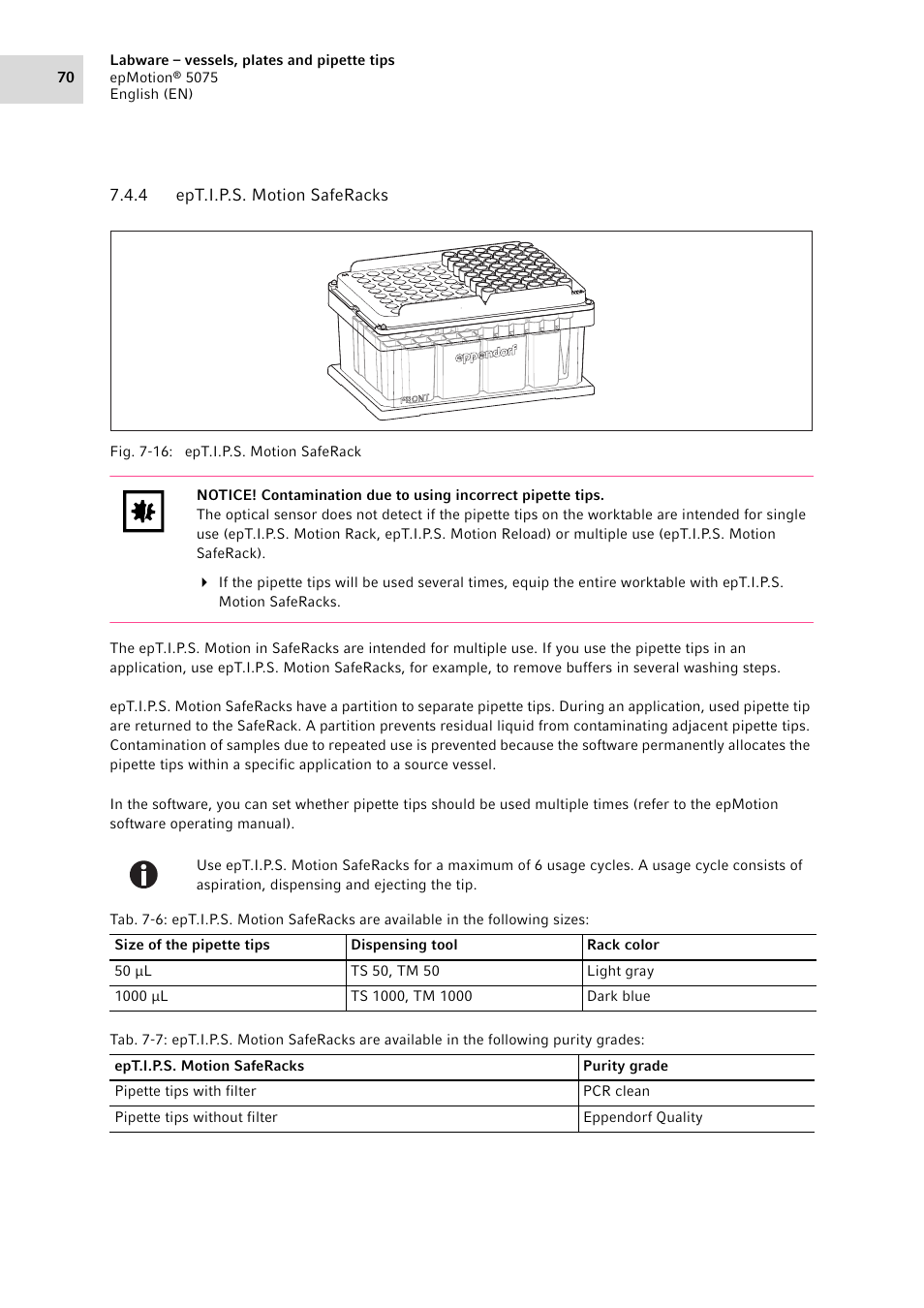 4 ept.i.p.s. motion saferacks, Ept.i.p.s. motion saferacks | Eppendorf epMotion 5075 User Manual | Page 70 / 130