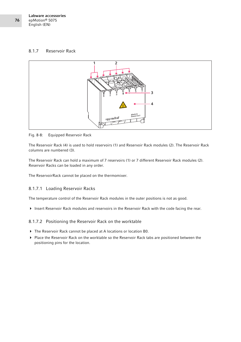 7 reservoir rack, Reservoir rack | Eppendorf epMotion 5075 User Manual | Page 76 / 130