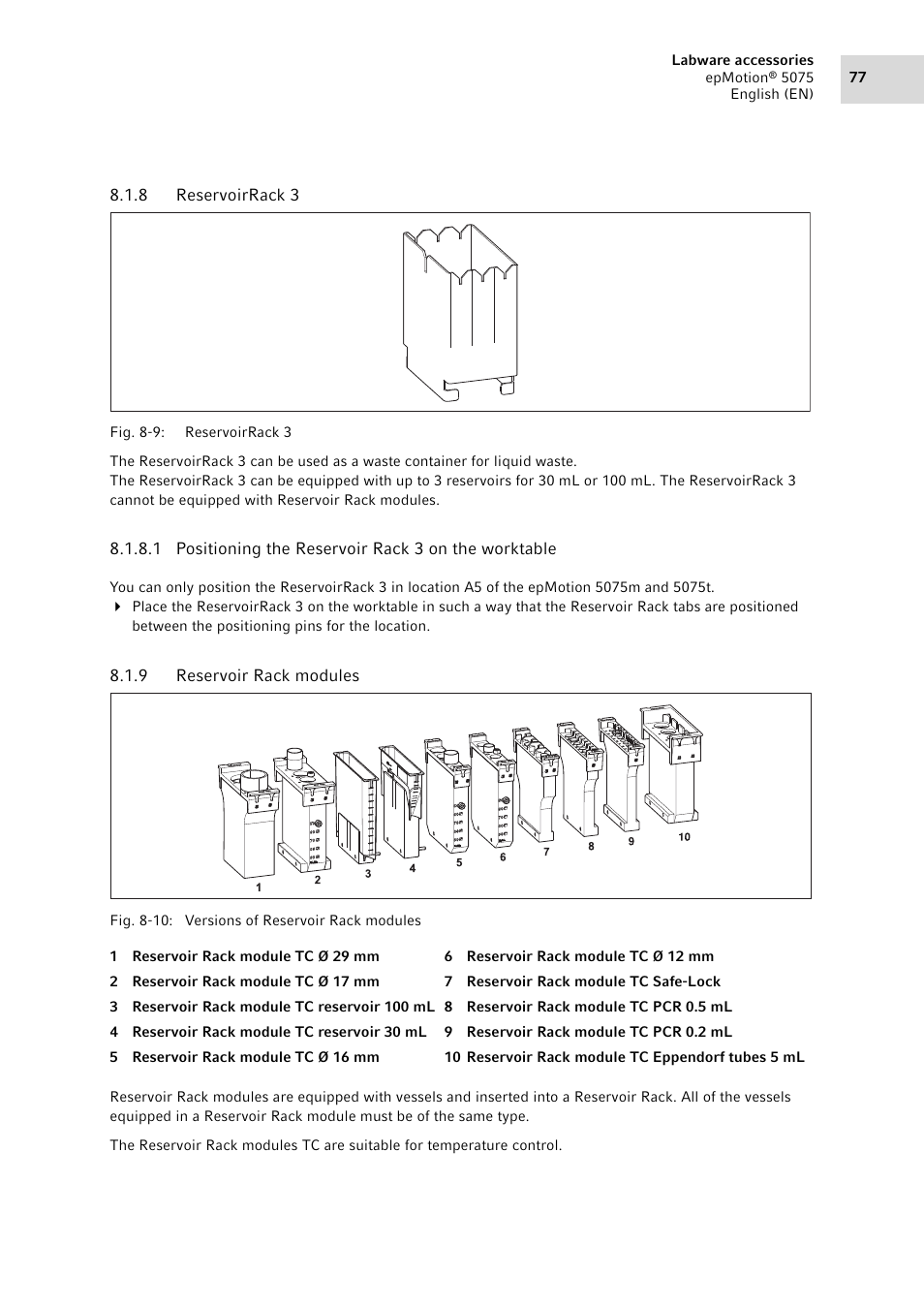 8 reservoirrack 3, 9 reservoir rack modules, Reservoirrack 3 | Reservoir rack modules | Eppendorf epMotion 5075 User Manual | Page 77 / 130