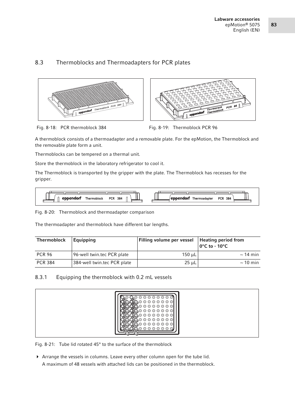 3 thermoblocks and thermoadapters for pcr plates, 1 equipping the thermoblock with 0.2 ml vessels, Equipping the thermoblock with 0.2 ml vessels | Eppendorf epMotion 5075 User Manual | Page 83 / 130