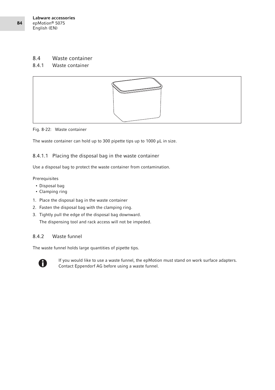 4 waste container, 1 waste container, 2 waste funnel | Waste container 8.4.1, Waste container, Waste funnel | Eppendorf epMotion 5075 User Manual | Page 84 / 130