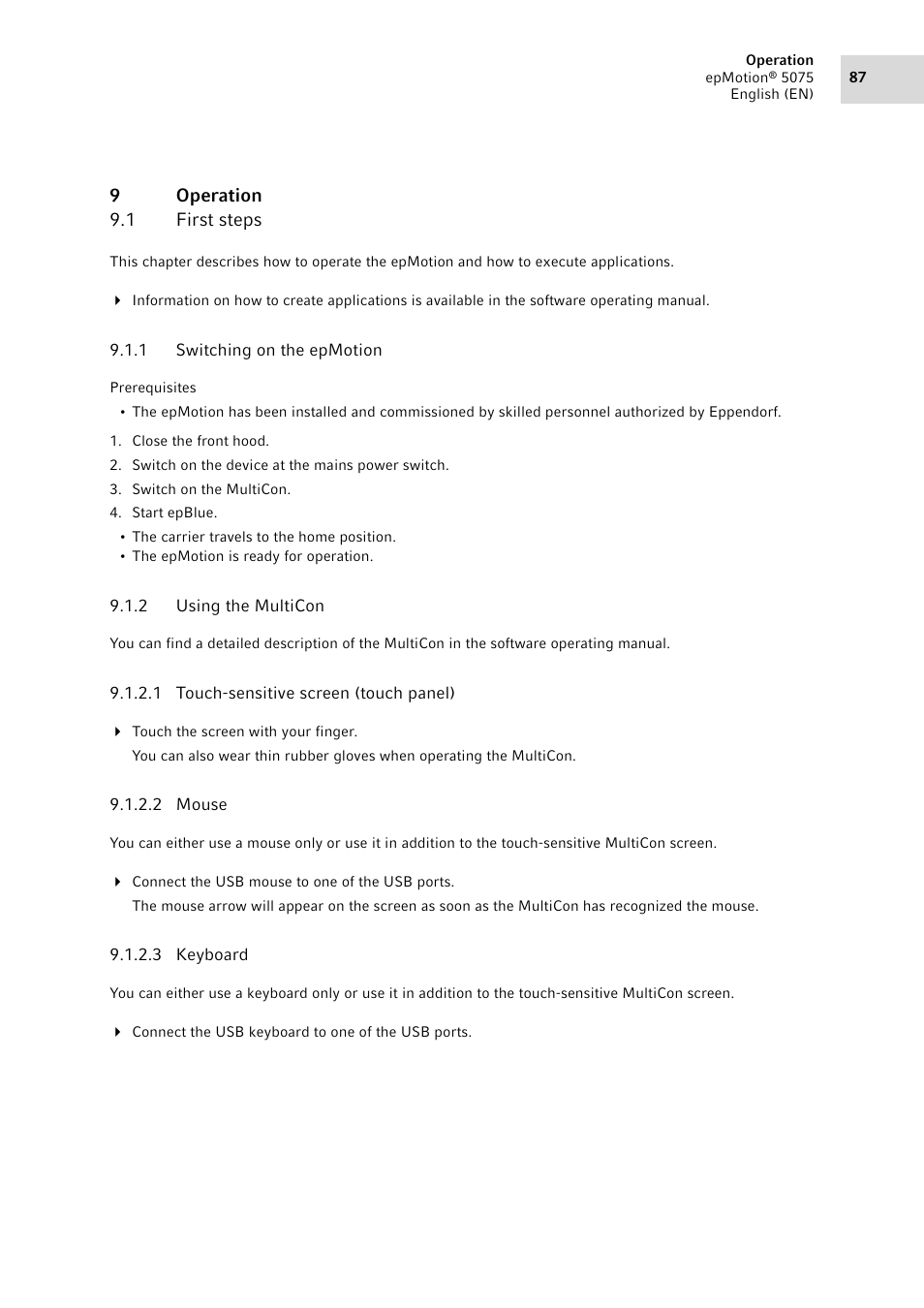 9 operation, 1 first steps, 1 switching on the epmotion | 2 using the multicon, Operation 9.1, First steps 9.1.1, Switching on the epmotion, Using the multicon | Eppendorf epMotion 5075 User Manual | Page 87 / 130