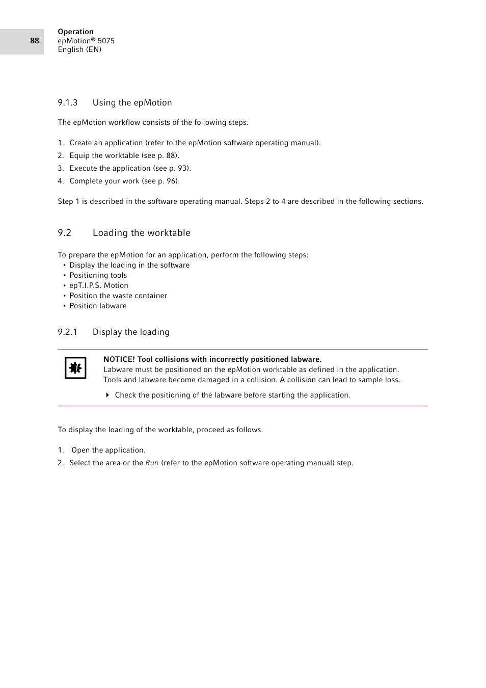 3 using the epmotion, 2 loading the worktable, 1 display the loading | Using the epmotion, Loading the worktable 9.2.1, Display the loading | Eppendorf epMotion 5075 User Manual | Page 88 / 130