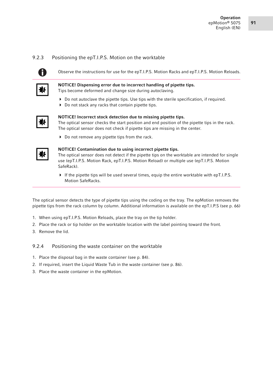 4 positioning the waste container on the worktable, Positioning the ept.i.p.s. motion on the worktable, Positioning the waste container on the worktable | Eppendorf epMotion 5075 User Manual | Page 91 / 130