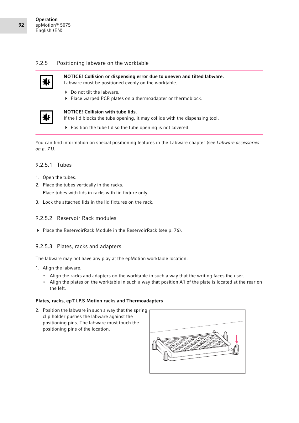 5 positioning labware on the worktable, Positioning labware on the worktable | Eppendorf epMotion 5075 User Manual | Page 92 / 130