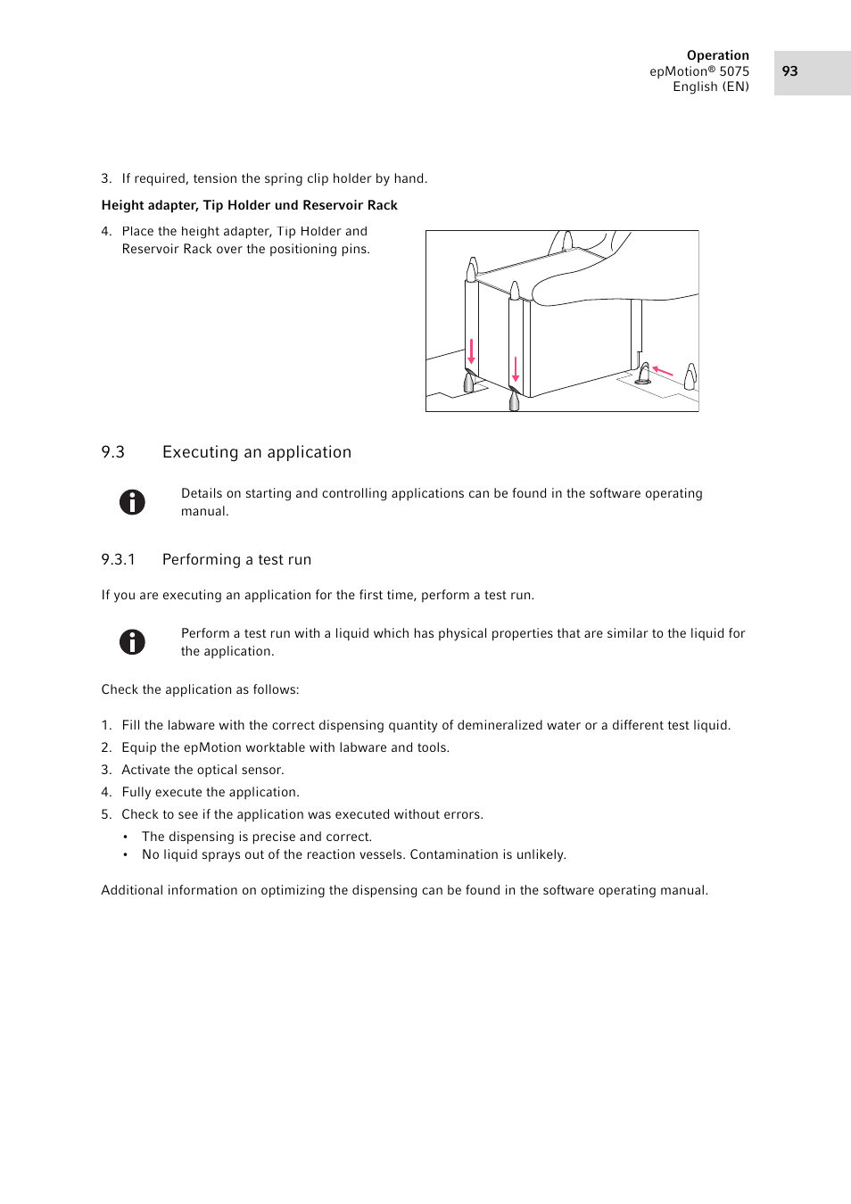 3 executing an application, 1 performing a test run, Executing an application 9.3.1 | Performing a test run | Eppendorf epMotion 5075 User Manual | Page 93 / 130