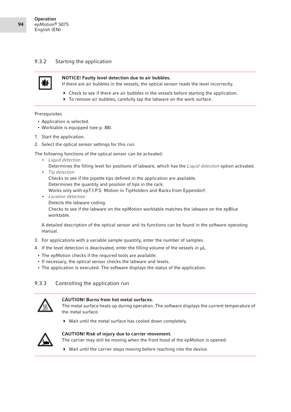 2 starting the application, 3 controlling the application run, Starting the application | Controlling the application run | Eppendorf epMotion 5075 User Manual | Page 94 / 130