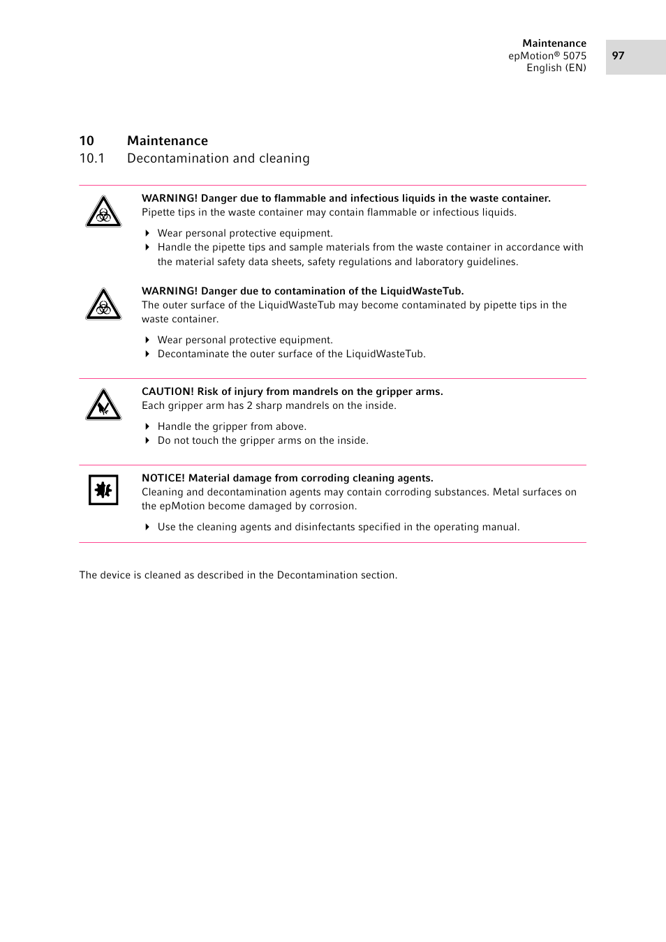 10 maintenance, 1 decontamination and cleaning, Decontamination and cleaning | Eppendorf epMotion 5075 User Manual | Page 97 / 130