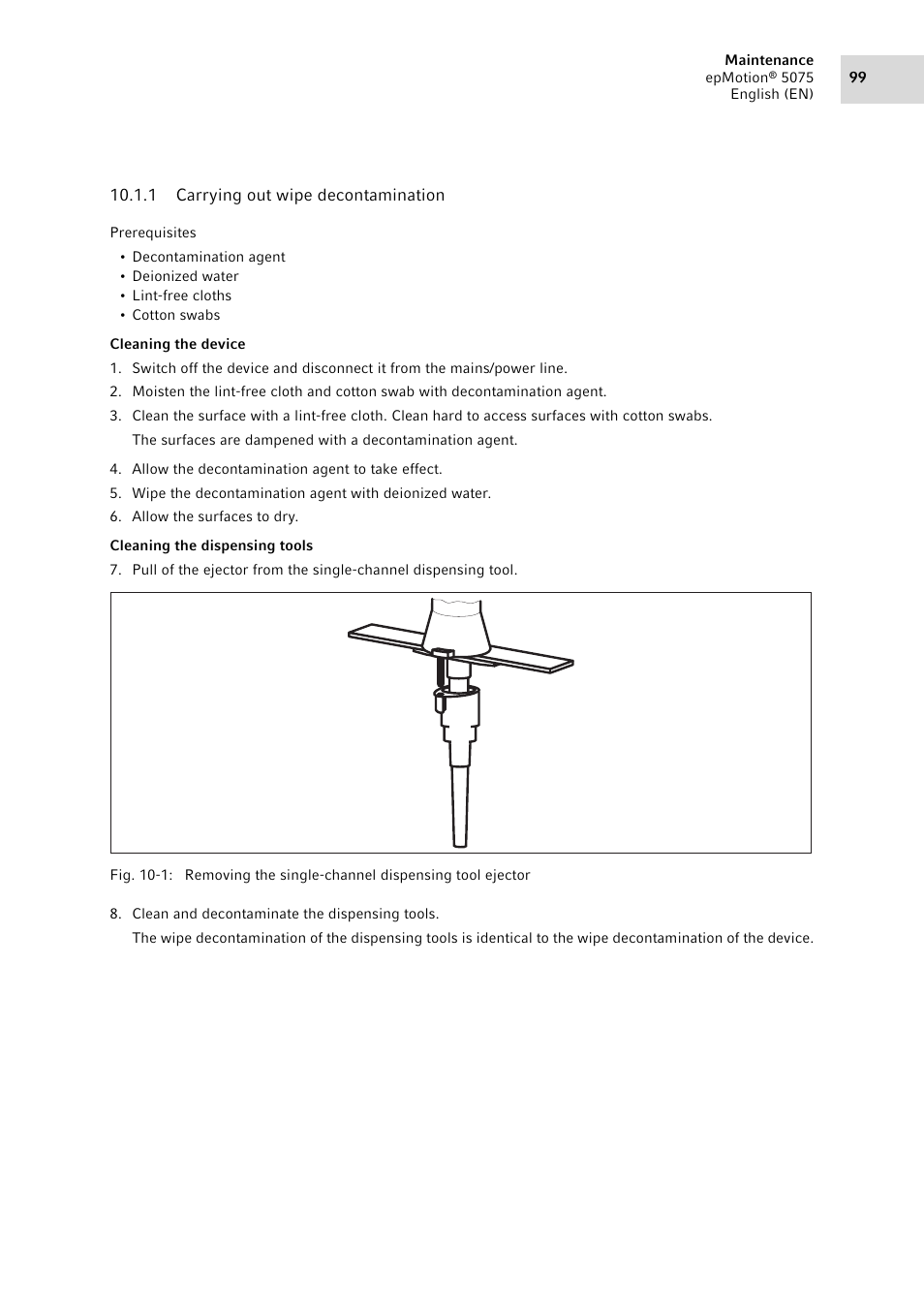 1 carrying out wipe decontamination, Carrying out wipe decontamination | Eppendorf epMotion 5075 User Manual | Page 99 / 130