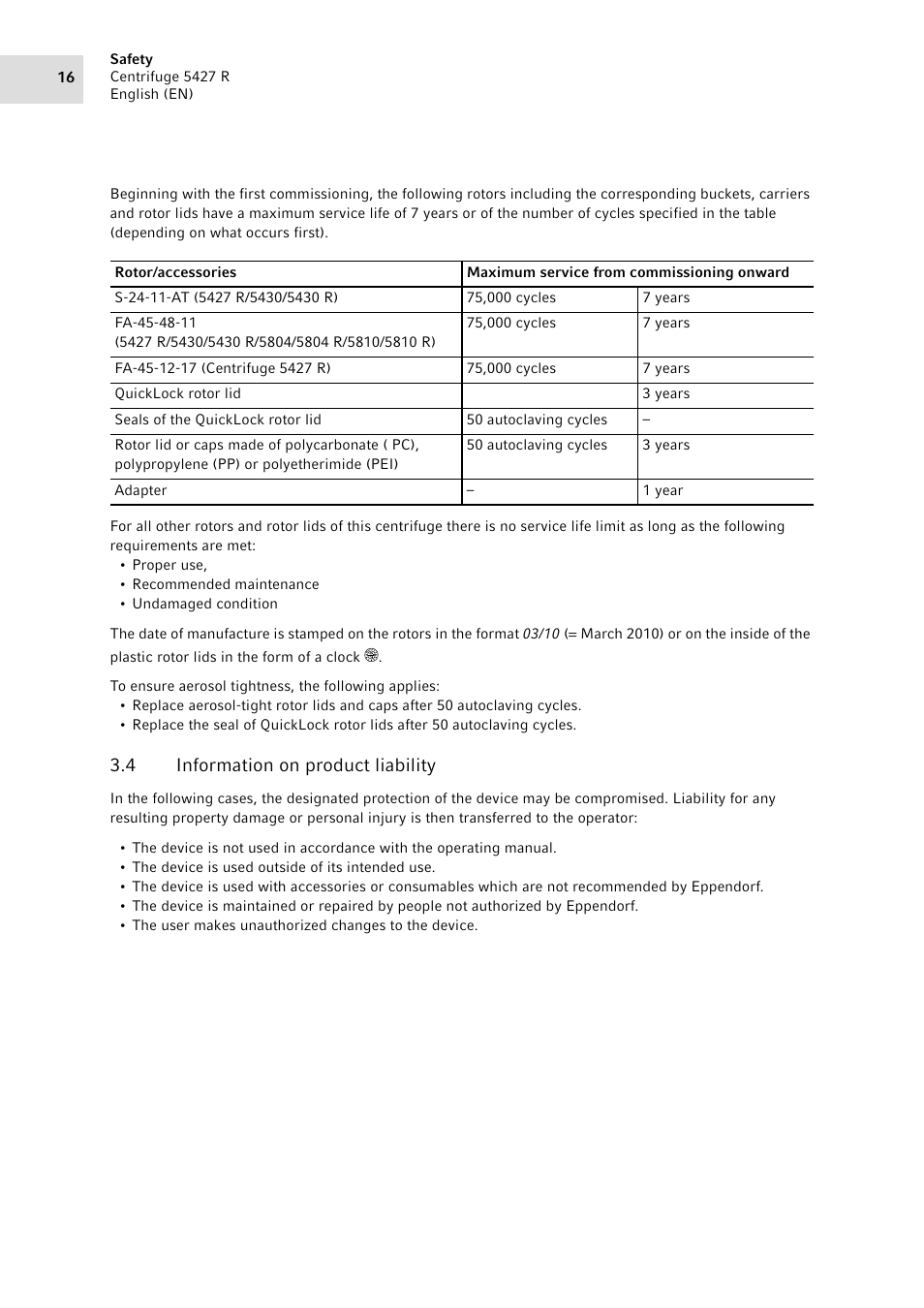 4 information on product liability, Information on product liability | Eppendorf Centrifuge 5427 R User Manual | Page 16 / 64