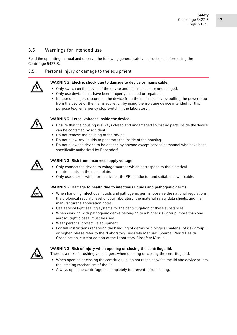 5 warnings for intended use, 1 personal injury or damage to the equipment, Warnings for intended use 3.5.1 | Personal injury or damage to the equipment | Eppendorf Centrifuge 5427 R User Manual | Page 17 / 64