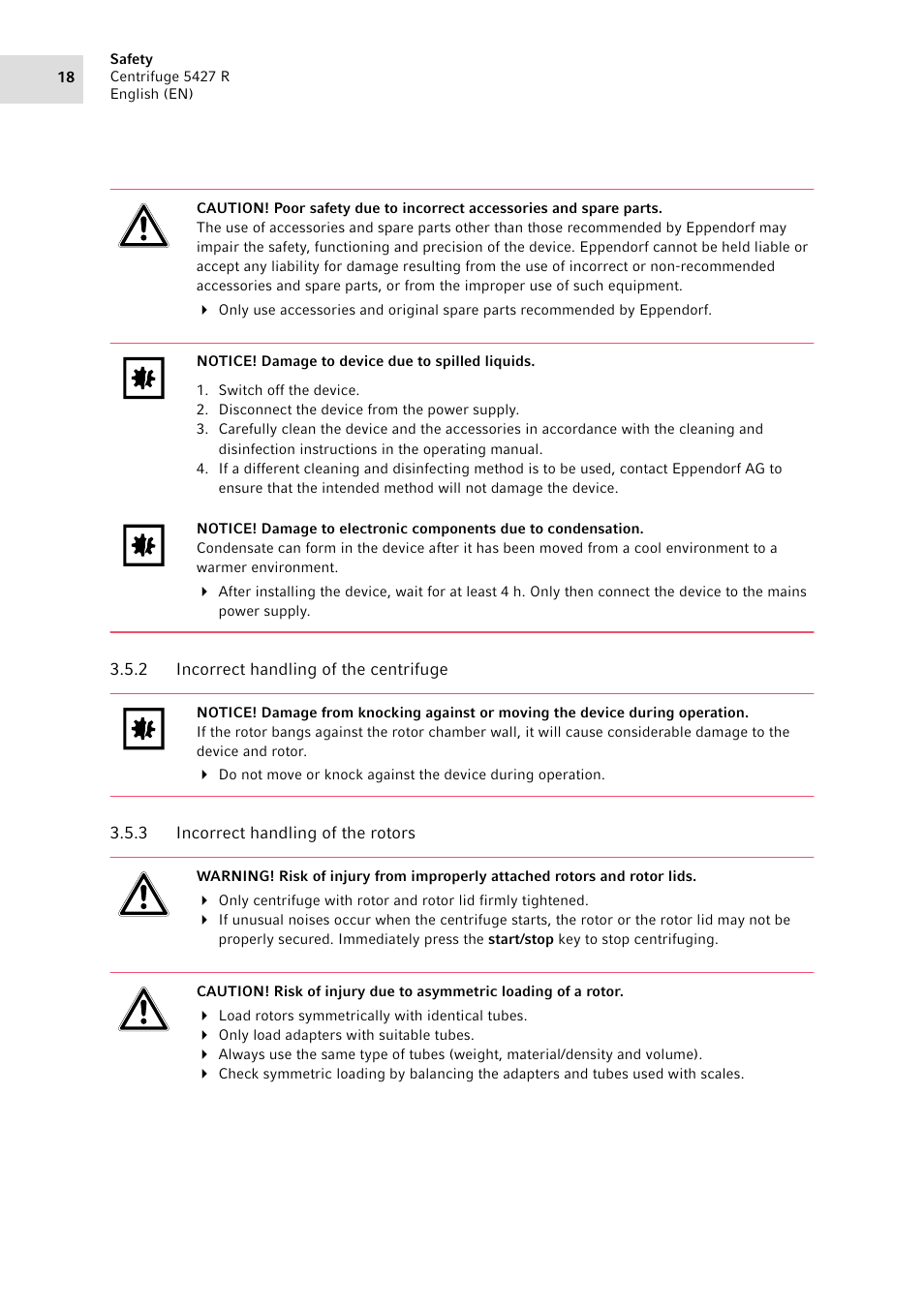 2 incorrect handling of the centrifuge, 3 incorrect handling of the rotors, Incorrect handling of the centrifuge | Incorrect handling of the rotors | Eppendorf Centrifuge 5427 R User Manual | Page 18 / 64