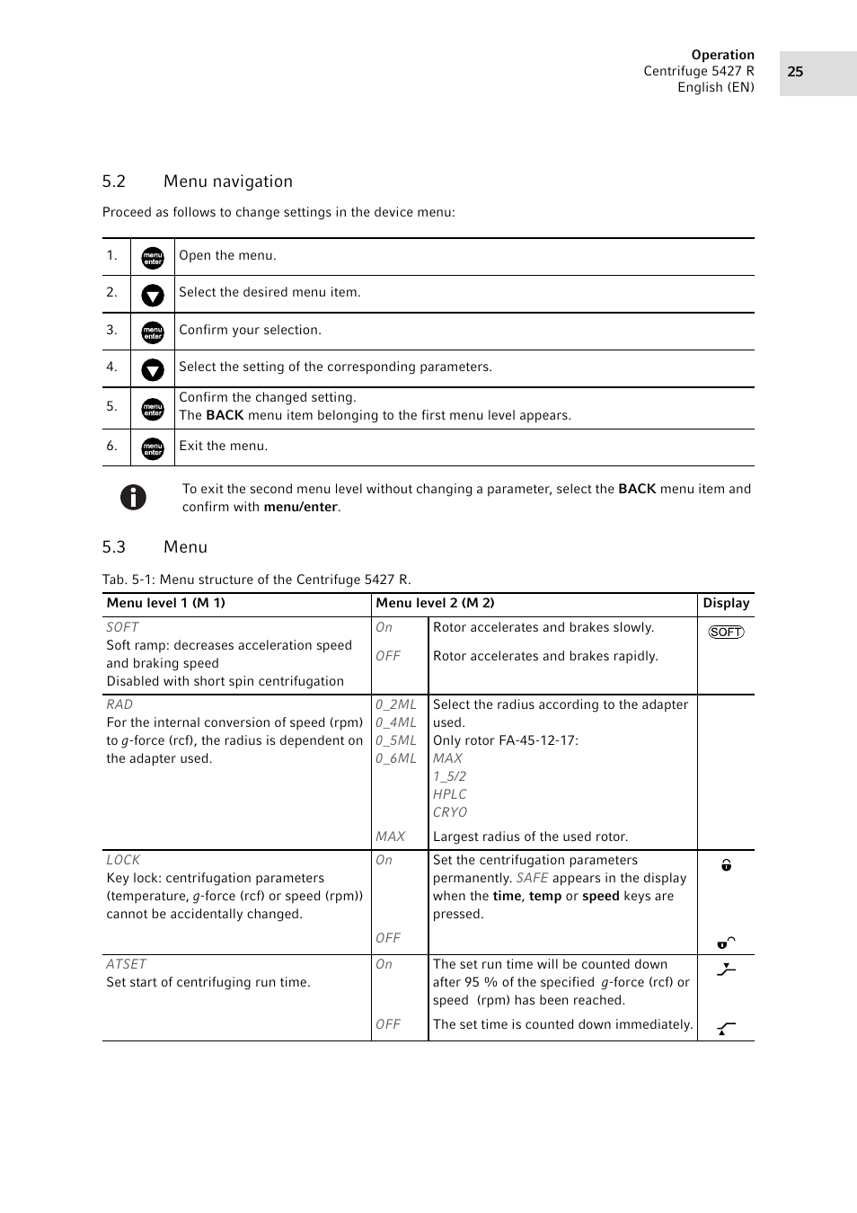 2 menu navigation, 3 menu, Menu navigation | Menu, See menu navigation on p. 25) | Eppendorf Centrifuge 5427 R User Manual | Page 25 / 64