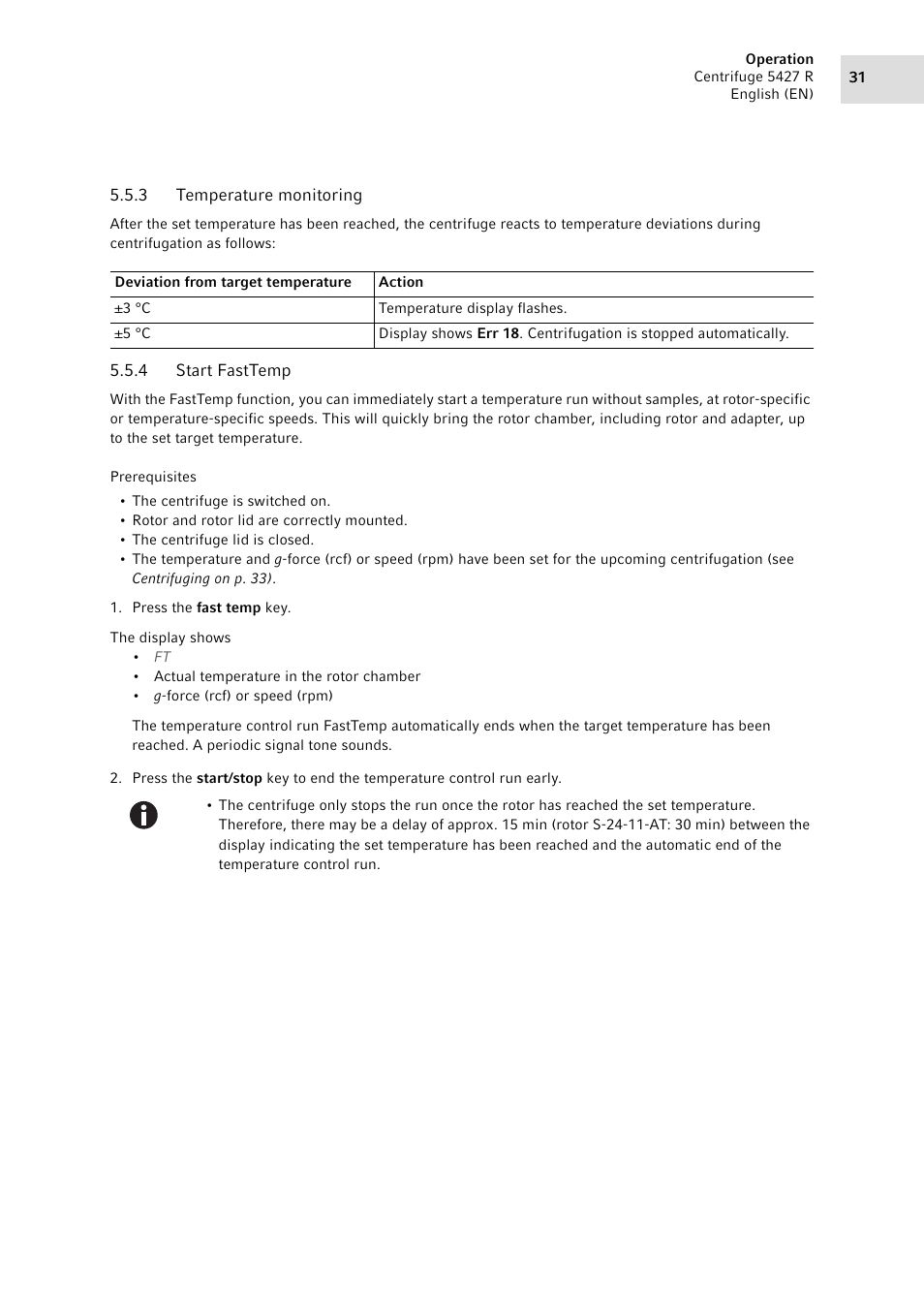 3 temperature monitoring, 4 start fasttemp, Temperature monitoring | Start fasttemp, See start fasttemp on p. 31) | Eppendorf Centrifuge 5427 R User Manual | Page 31 / 64