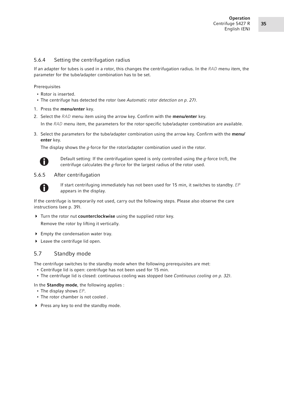 4 setting the centrifugation radius, 5 after centrifugation, 7 standby mode | Setting the centrifugation radius, After centrifugation, Standby mode | Eppendorf Centrifuge 5427 R User Manual | Page 35 / 64