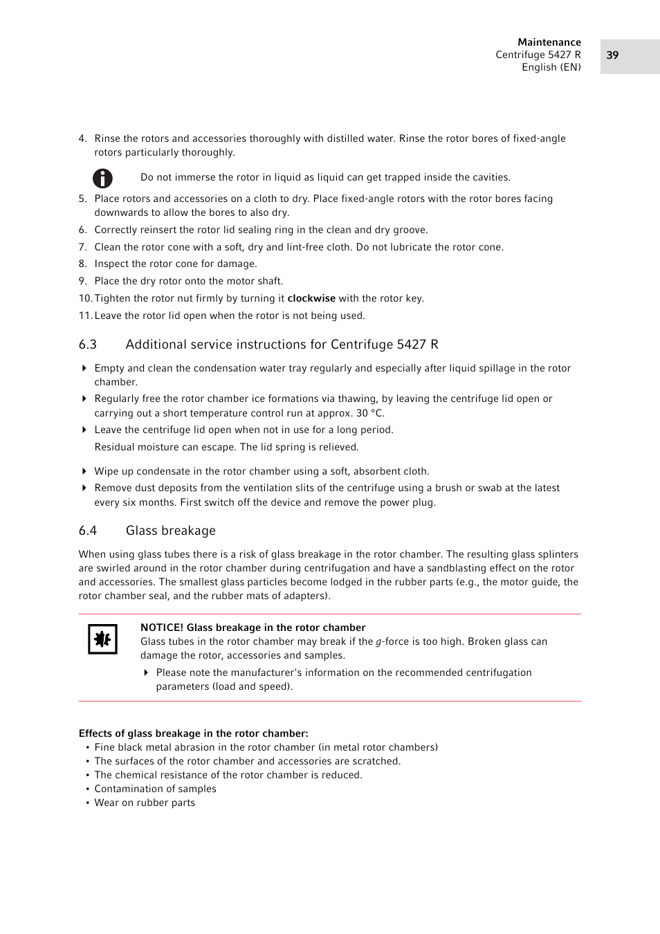 4 glass breakage, Glass breakage | Eppendorf Centrifuge 5427 R User Manual | Page 39 / 64