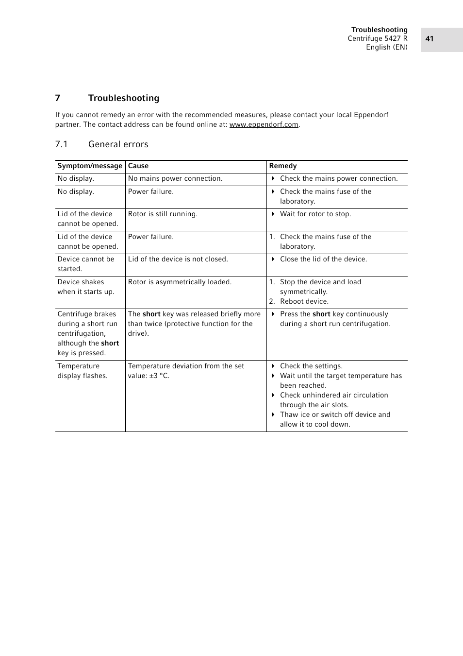 7 troubleshooting, 1 general errors, Troubleshooting 7.1 | General errors, 7troubleshooting | Eppendorf Centrifuge 5427 R User Manual | Page 41 / 64