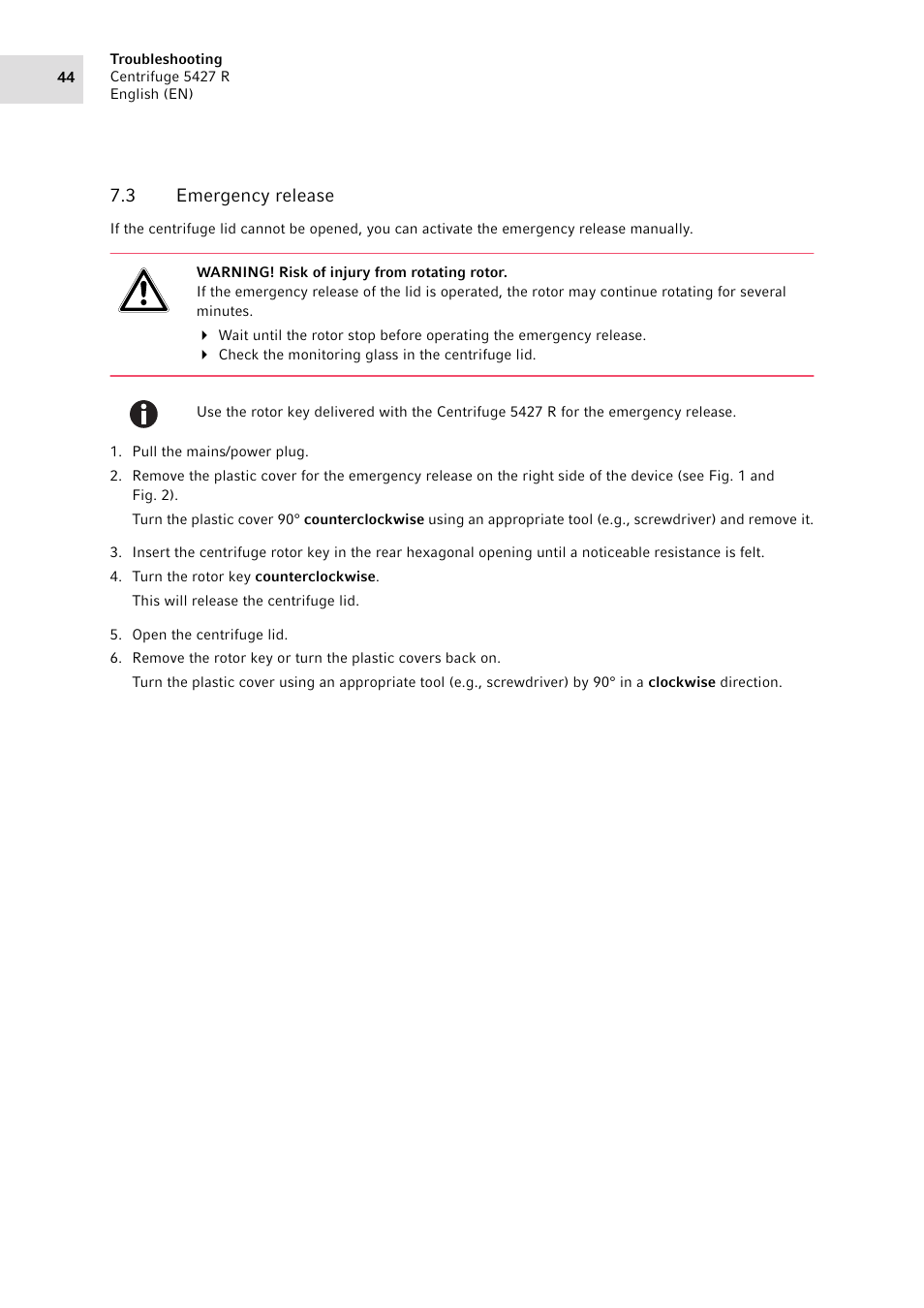 3 emergency release, Emergency release | Eppendorf Centrifuge 5427 R User Manual | Page 44 / 64