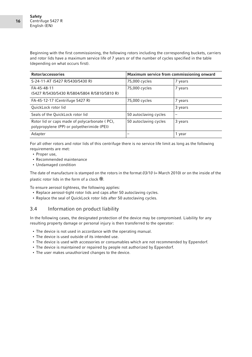 4 information on product liability, Information on product liability | Eppendorf Centrifuge 5427 R User Manual | Page 16 / 104
