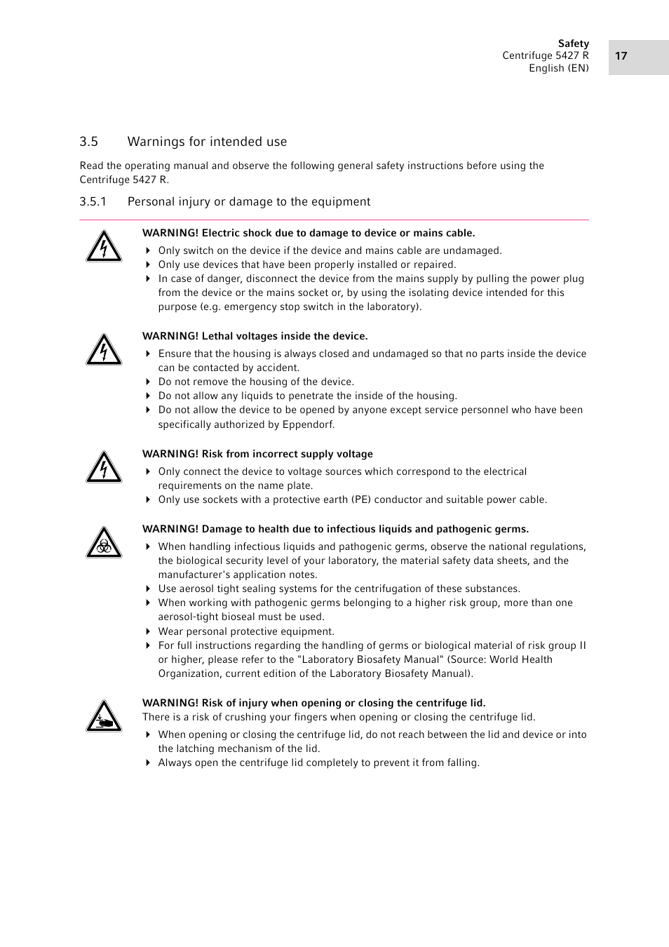 5 warnings for intended use, 1 personal injury or damage to the equipment, Warnings for intended use 3.5.1 | Personal injury or damage to the equipment | Eppendorf Centrifuge 5427 R User Manual | Page 17 / 104