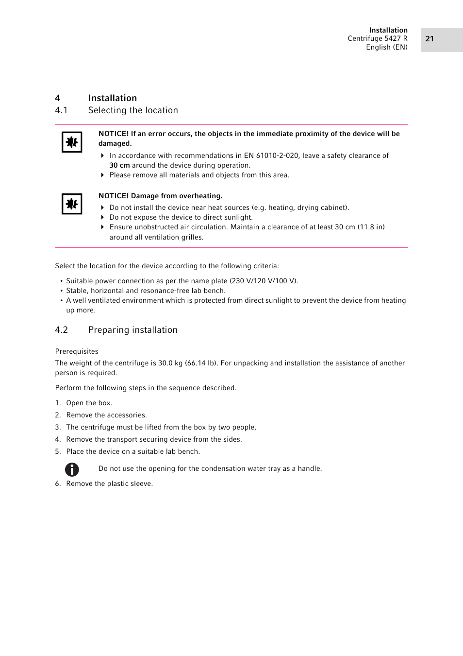 4 installation, 1 selecting the location, 2 preparing installation | Installation 4.1, Selecting the location, Preparing installation | Eppendorf Centrifuge 5427 R User Manual | Page 21 / 104