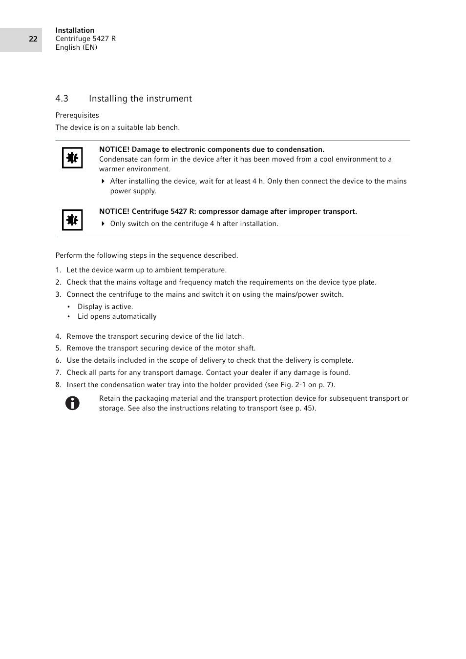 3 installing the instrument, Installing the instrument | Eppendorf Centrifuge 5427 R User Manual | Page 22 / 104