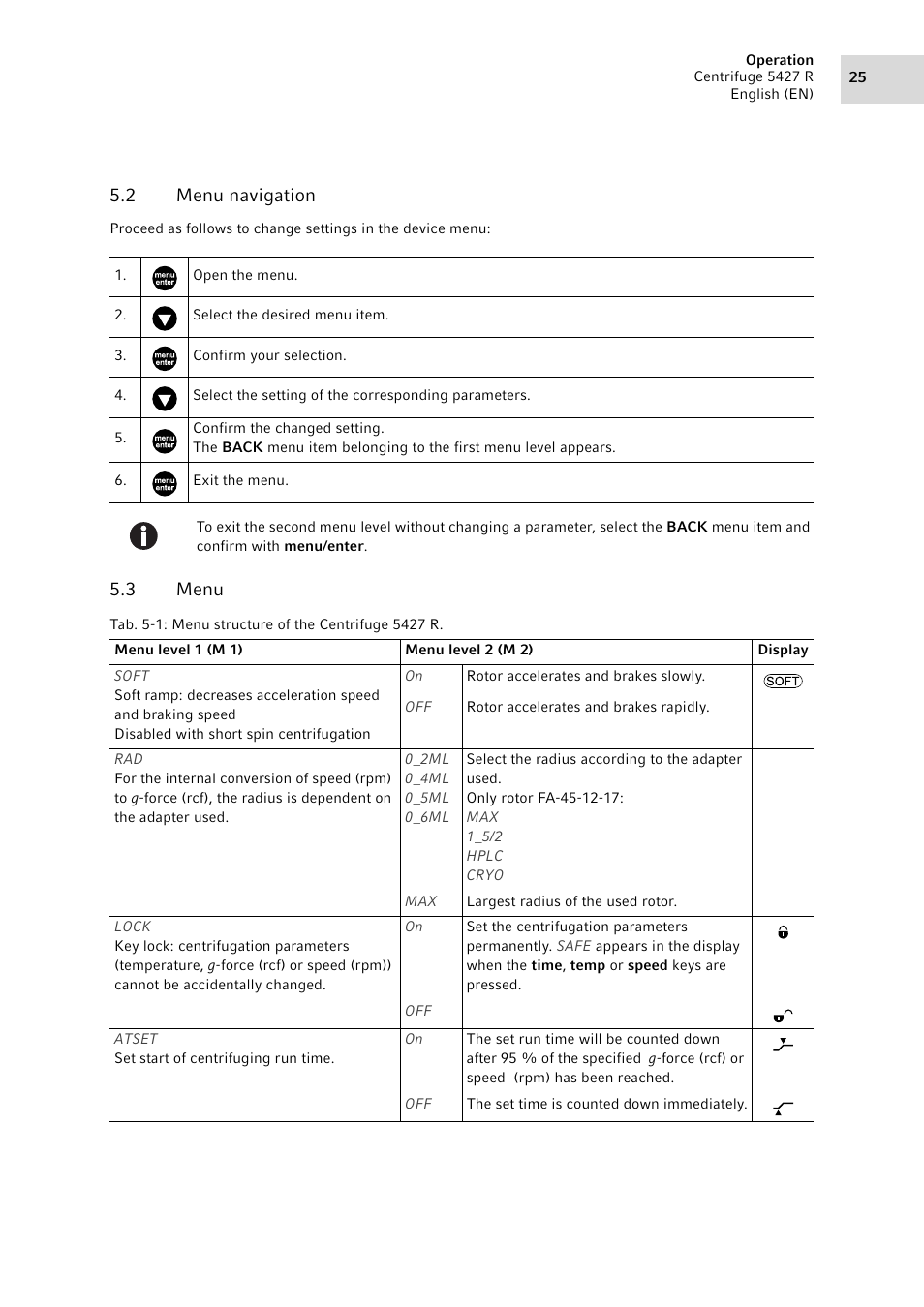 2 menu navigation, 3 menu, Menu navigation | Menu, S (see p. 25), See menu navigation on p. 25) | Eppendorf Centrifuge 5427 R User Manual | Page 25 / 104