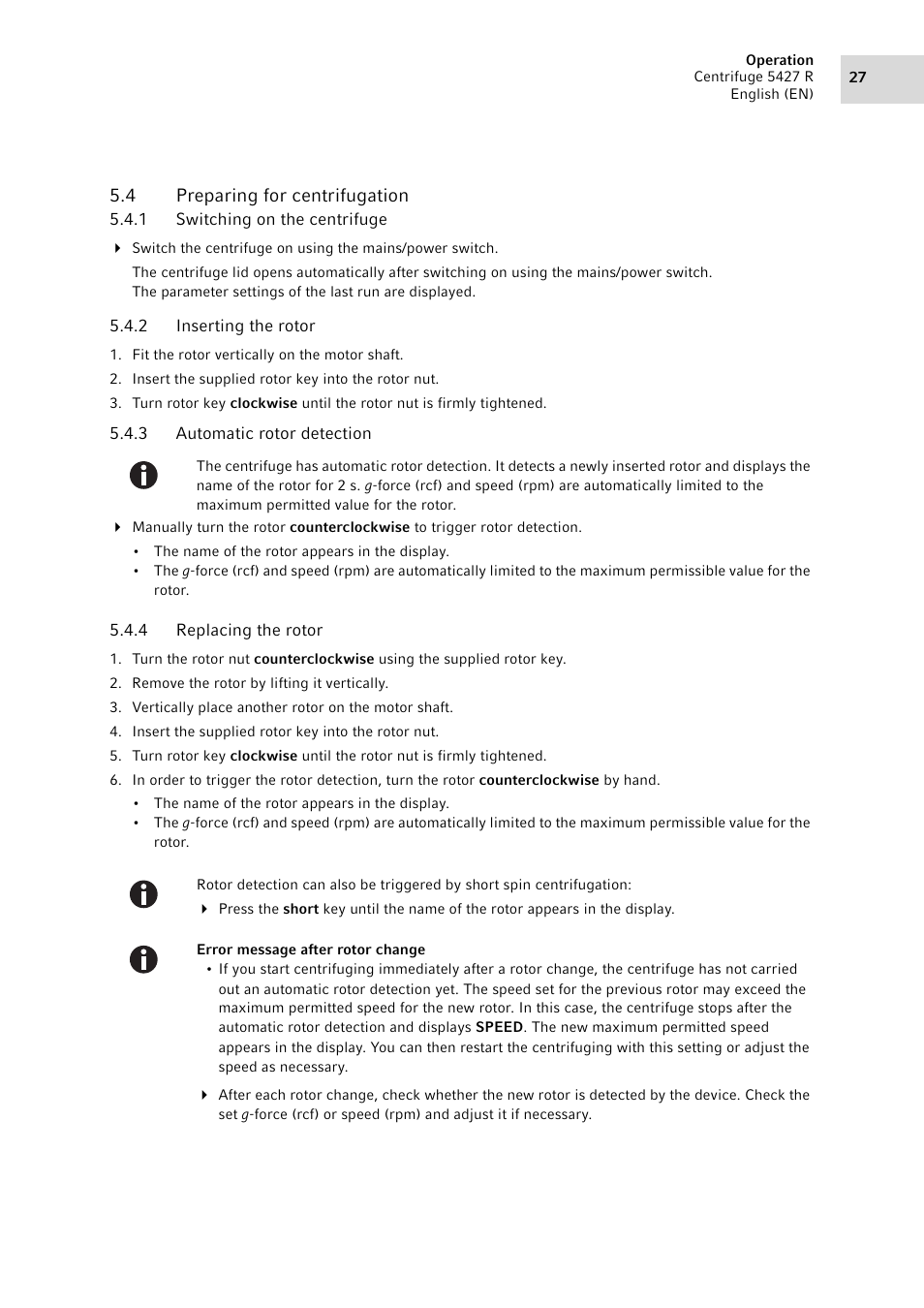 4 preparing for centrifugation, 1 switching on the centrifuge, 2 inserting the rotor | 3 automatic rotor detection, 4 replacing the rotor, Preparing for centrifugation 5.4.1, Switching on the centrifuge, Inserting the rotor, Automatic rotor detection, Replacing the rotor | Eppendorf Centrifuge 5427 R User Manual | Page 27 / 104