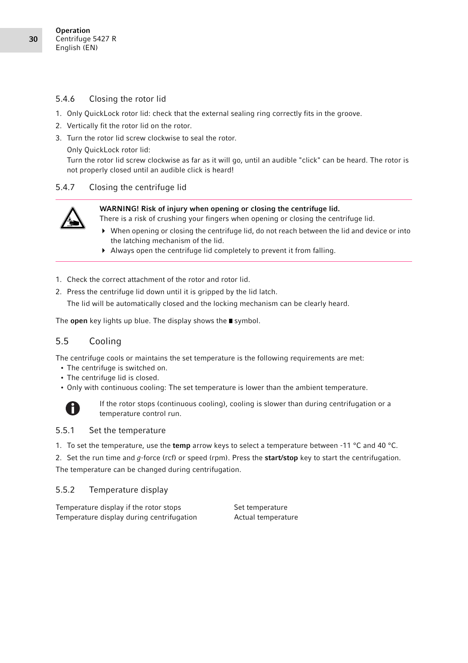 6 closing the rotor lid, 7 closing the centrifuge lid, 5 cooling | 1 set the temperature, 2 temperature display, Closing the rotor lid, Closing the centrifuge lid, Cooling 5.5.1, Set the temperature, Temperature display | Eppendorf Centrifuge 5427 R User Manual | Page 30 / 104