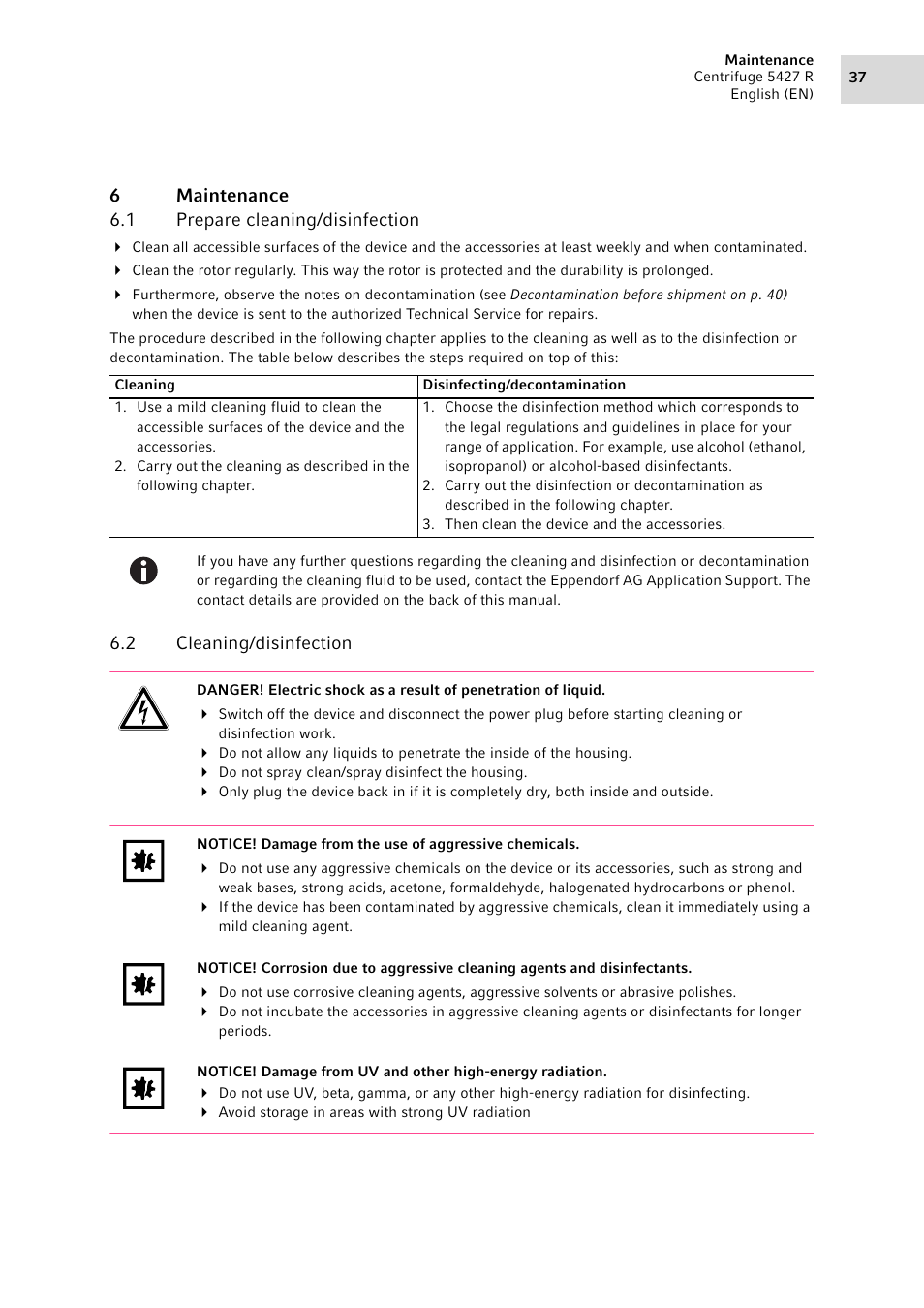 6 maintenance, 1 prepare cleaning/disinfection, 2 cleaning/disinfection | Maintenance 6.1, Prepare cleaning/disinfection, Cleaning/disinfection | Eppendorf Centrifuge 5427 R User Manual | Page 37 / 104