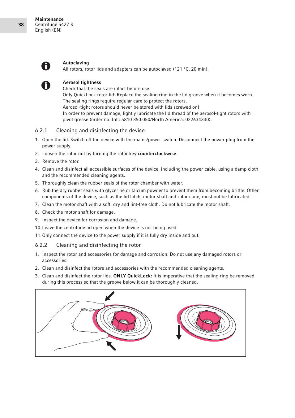 1 cleaning and disinfecting the device, 2 cleaning and disinfecting the rotor, Cleaning and disinfecting the device | Cleaning and disinfecting the rotor | Eppendorf Centrifuge 5427 R User Manual | Page 38 / 104