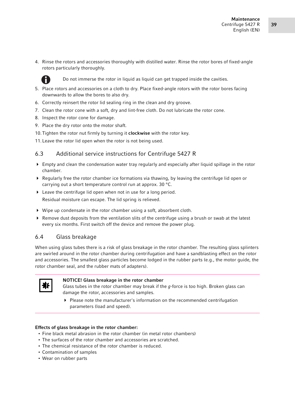 4 glass breakage, Glass breakage | Eppendorf Centrifuge 5427 R User Manual | Page 39 / 104