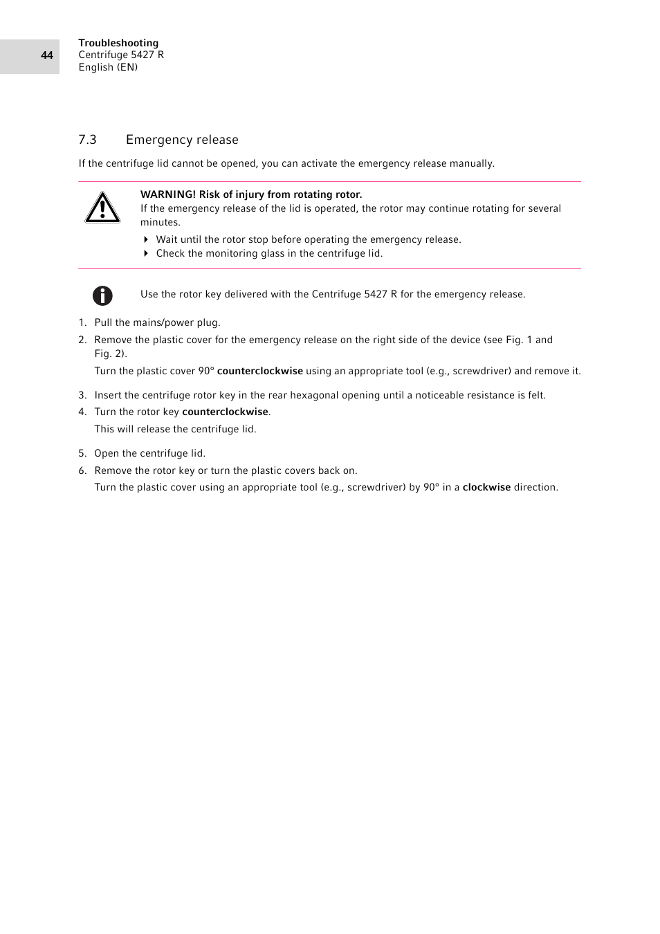 3 emergency release, Emergency release | Eppendorf Centrifuge 5427 R User Manual | Page 44 / 104