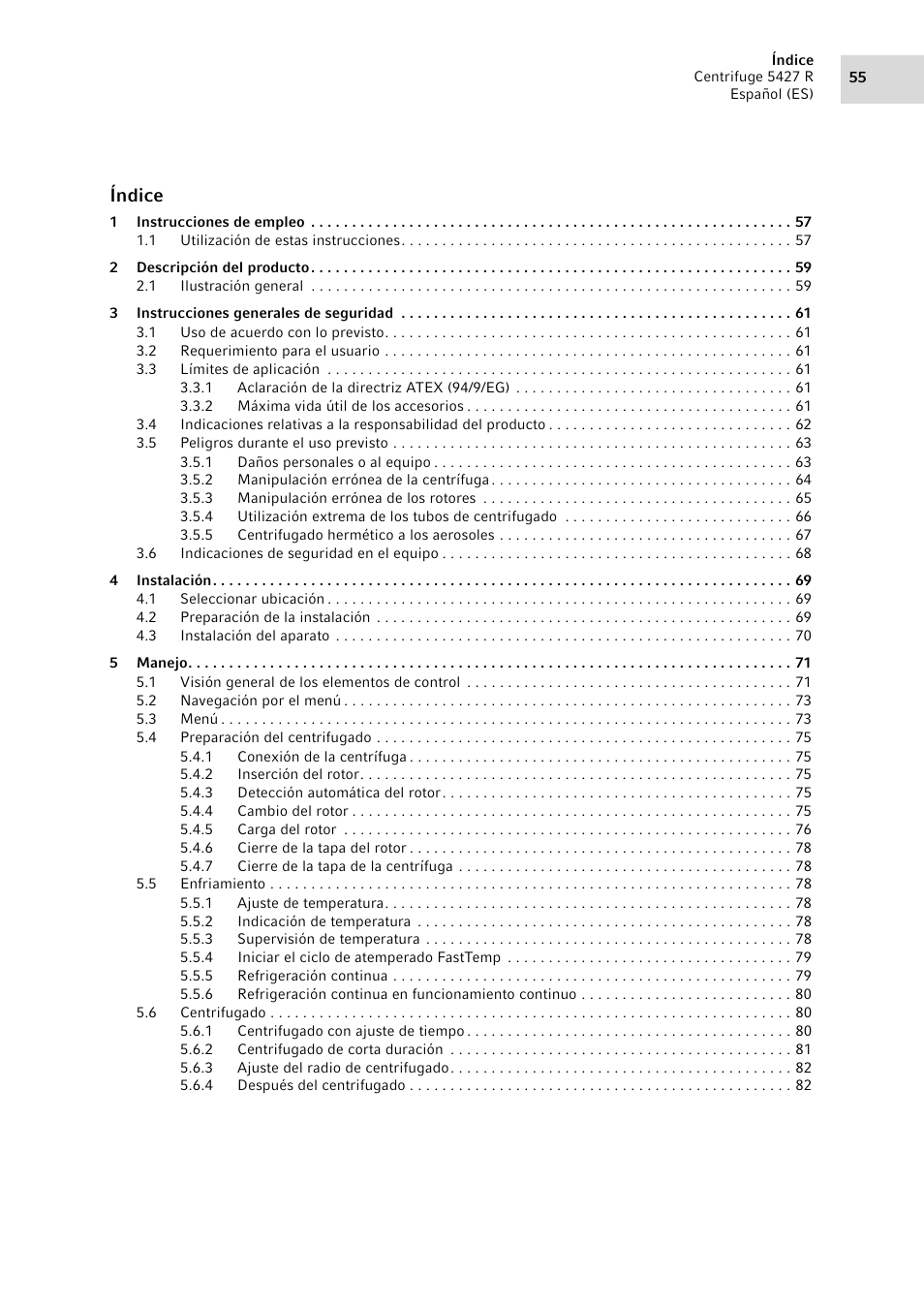 Manual de instrucciones, Índice | Eppendorf Centrifuge 5427 R User Manual | Page 55 / 104