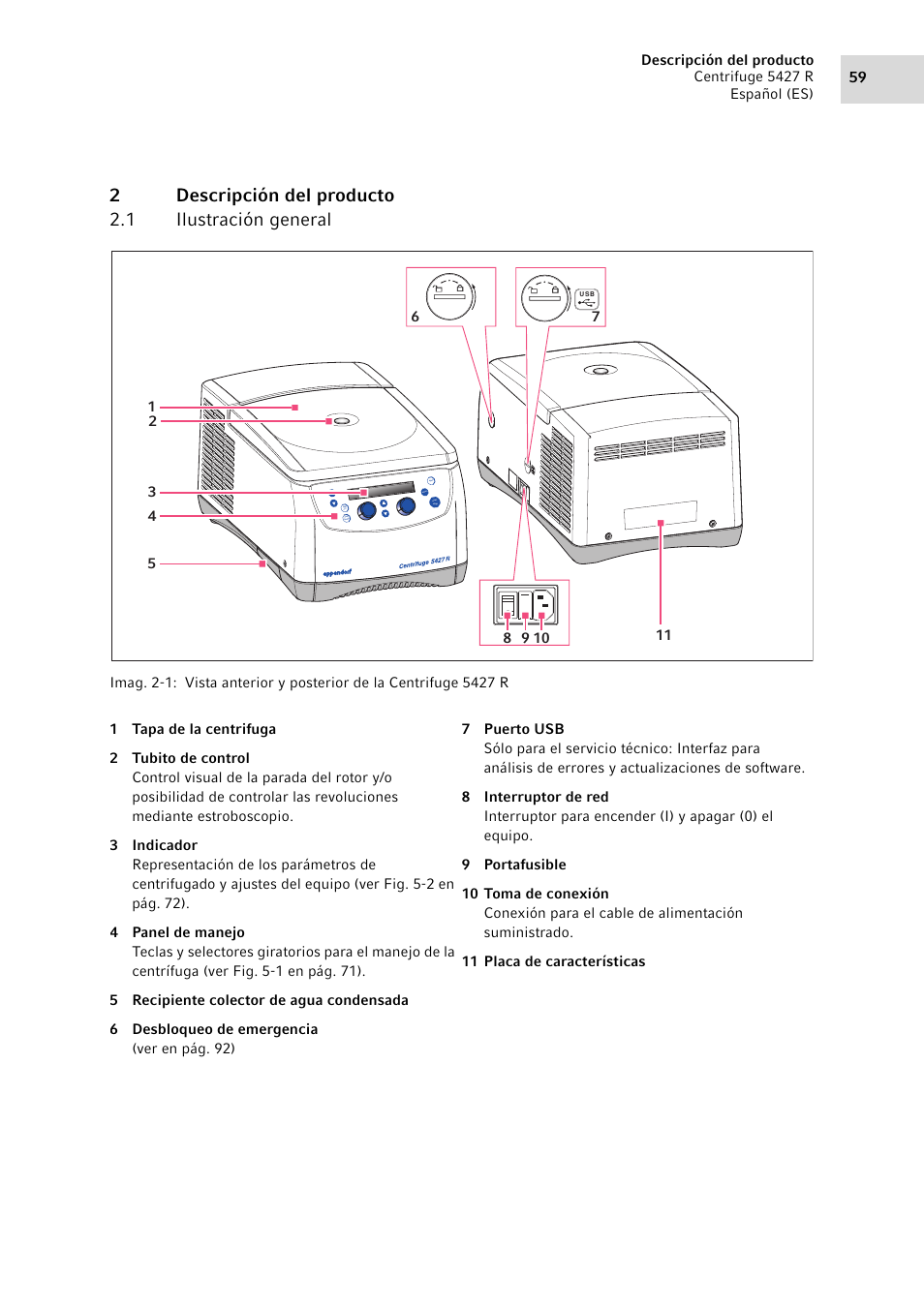 2 descripción del producto, 1 ilustración general, Descripción del producto 2.1 | Ilustración general, 2descripción del producto 2.1 ilustración general | Eppendorf Centrifuge 5427 R User Manual | Page 59 / 104