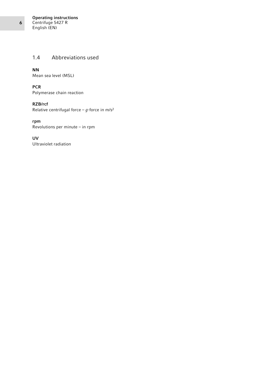 4 abbreviations used, Abbreviations used | Eppendorf Centrifuge 5427 R User Manual | Page 6 / 104