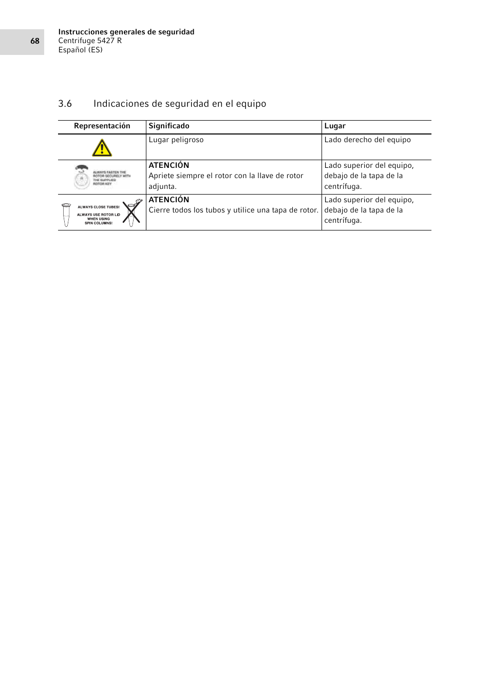 6 indicaciones de seguridad en el equipo, Indicaciones de seguridad en el equipo | Eppendorf Centrifuge 5427 R User Manual | Page 68 / 104