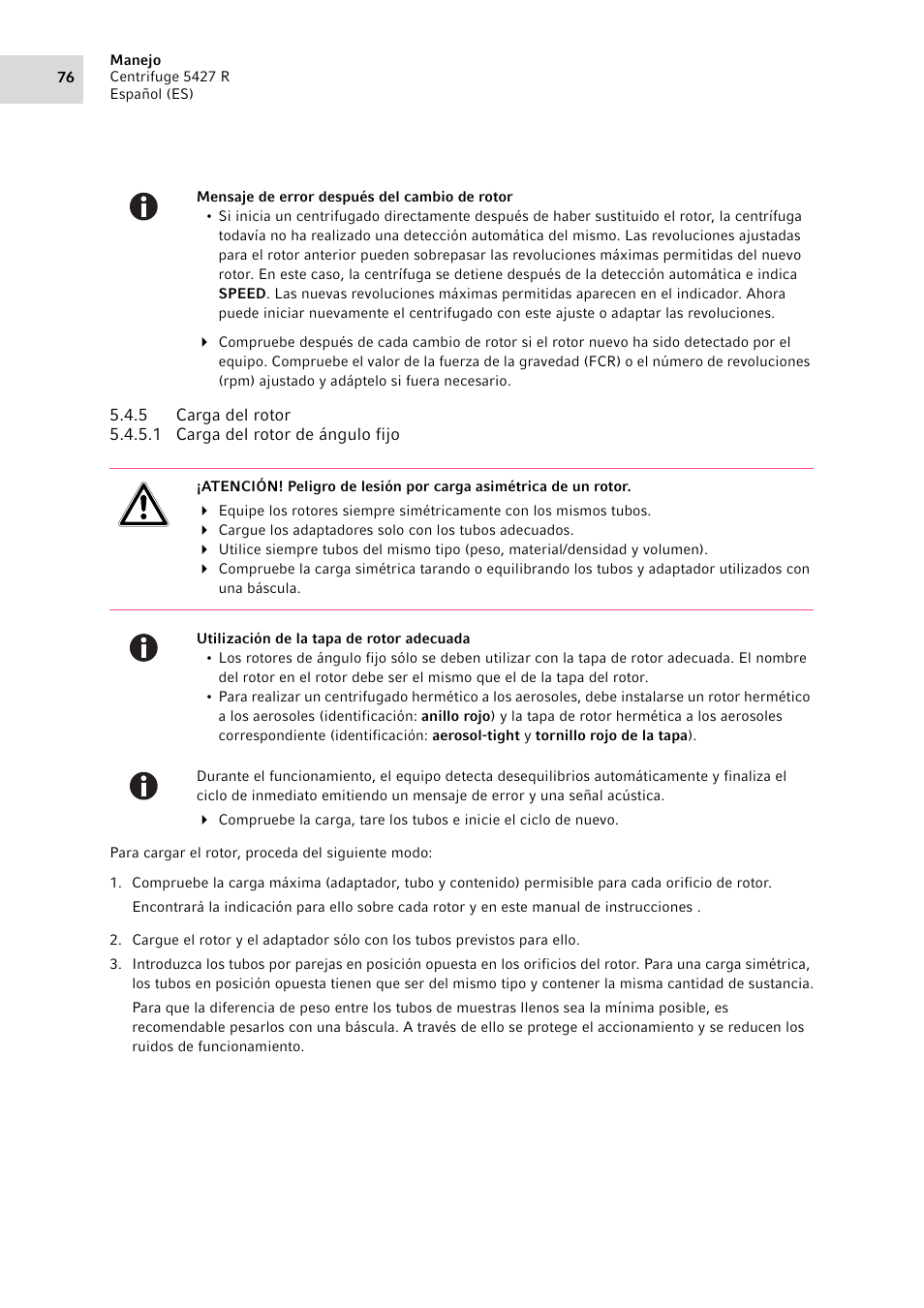 5 carga del rotor, Carga del rotor | Eppendorf Centrifuge 5427 R User Manual | Page 76 / 104