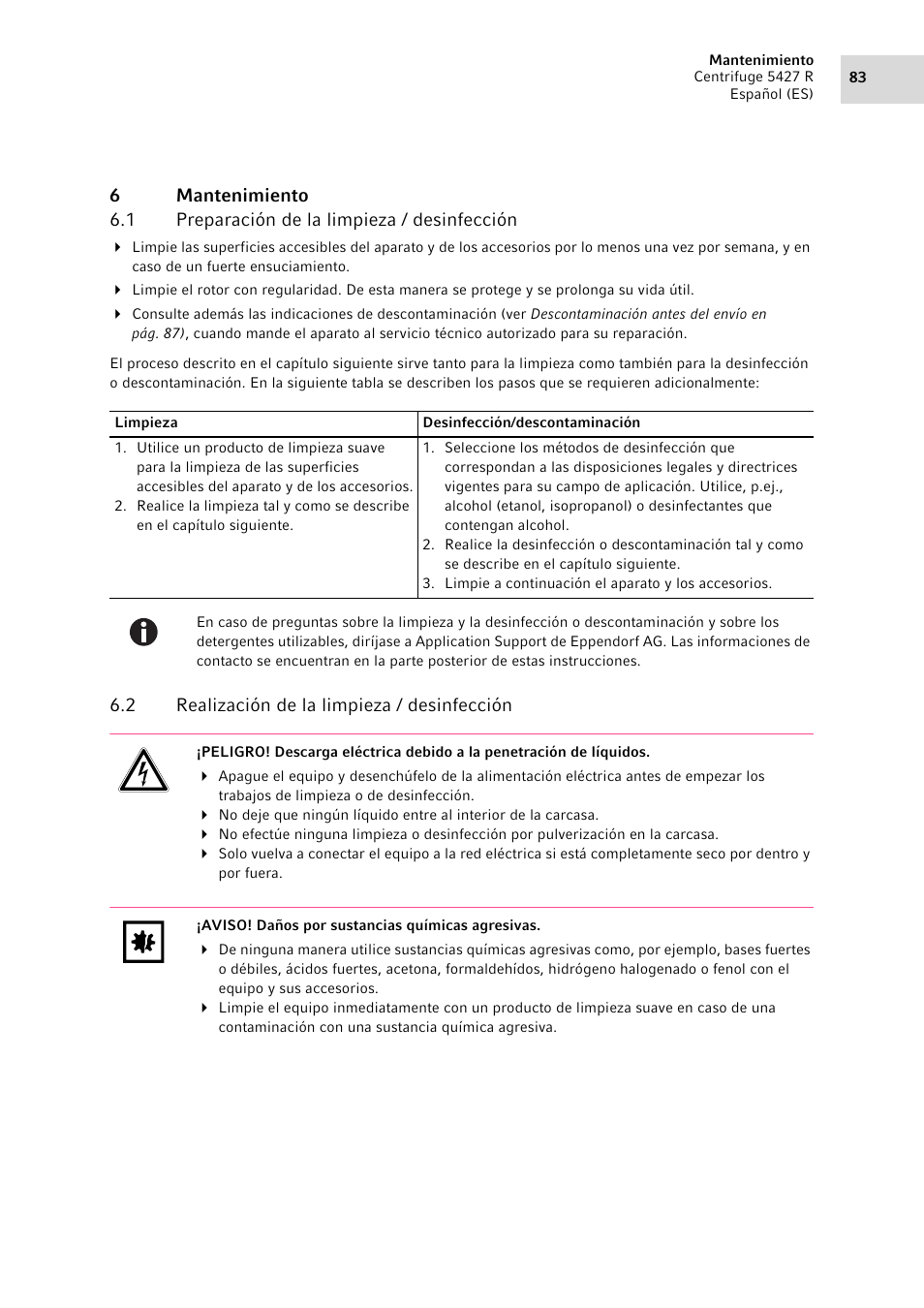 6 mantenimiento, 1 preparación de la limpieza / desinfección, 2 realización de la limpieza / desinfección | Mantenimiento 6.1, Preparación de la limpieza / desinfección, Realización de la limpieza / desinfección | Eppendorf Centrifuge 5427 R User Manual | Page 83 / 104